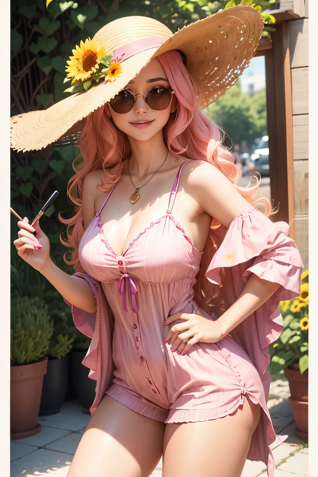 Cute influencer in a pink sunflower suit:
A charming and charismatic young woman, around 25 years old, serves as a beloved social media influencer. With long, curly blonde hair, she exudes an irresistible aura of positivity and joy. Wearing a flattering pink sunflower suit and accessorized with a sunhat and sunglasses, she strikes a playful pose in front of a mirror, giggling as she fixes her makeup with a delicate touch. The background showcases a bright, sunlit garden, teeming with vibrant flowers and sunbeams illuminating every corner of the scene, adding to the delightful and wh