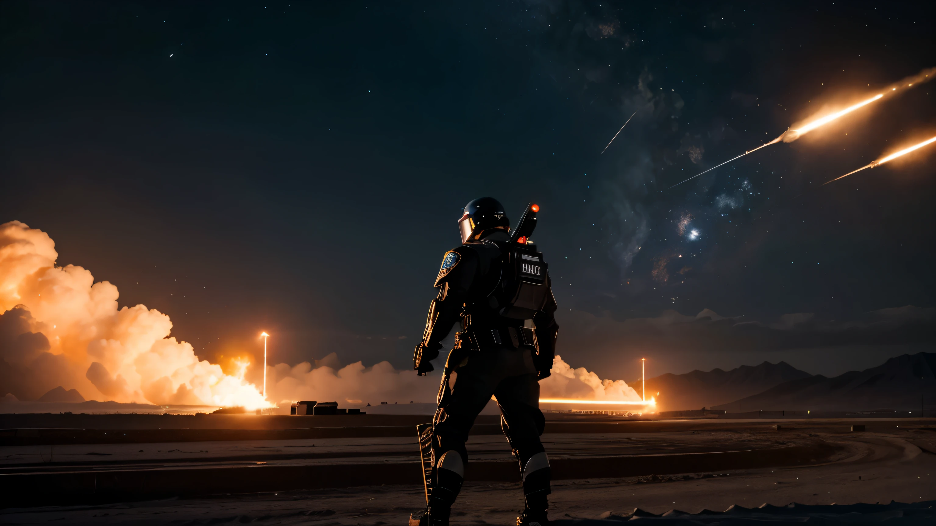 best quality,4K,8K,Hohe Strukturen,Meisterwerk:1.2),Hyper-Detaillierung,(realistischerweise,fotorealistisch, cinematic perspektive, Polizei, schwarzes Metall, Science-Fiction, Mech-Anzug, upper body, apokalyptischer Hintergrund, Raketen, Funken, Flammen, Rauch, Feuerhintergrund, Armeen von Monstern, Armageddon, Nachthintergrund,