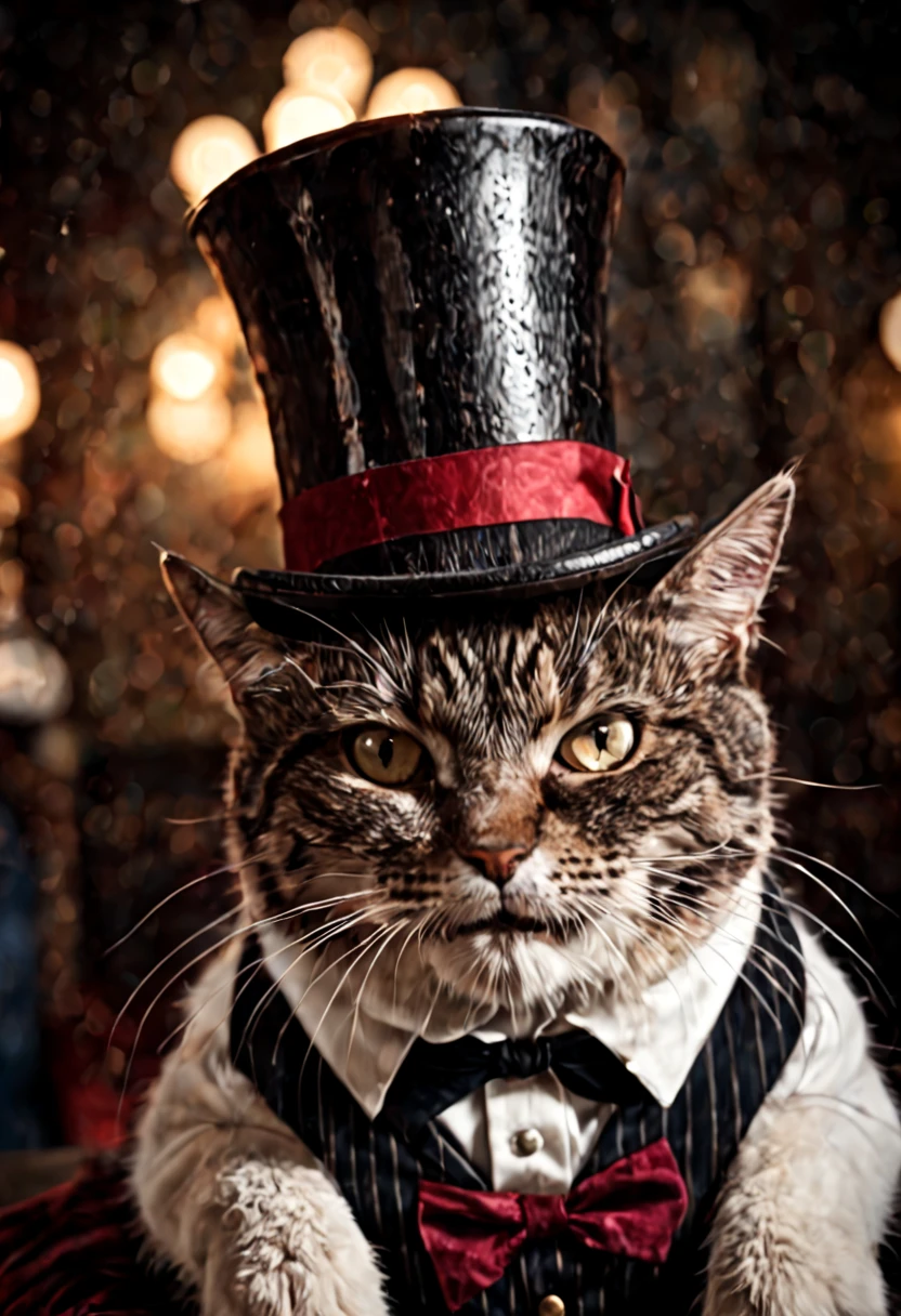 cinematic movie still ,Cat, smile, top hat,  victorian freak show, amazing details, dark atmosphere, shallow depth of field, vignette, very detailed, high budget, cinema scope, Looks grumpy, amazing, nice, movie, fujichrome Provia 100f, f/8, RTX, photo lab, high quality photos, 3 point lighting, flash with softbox, 4k, canon them r3, HDR, Smooth, sharp focus, High resolution, Award-winning photo, 80mm, f2.8, Bokeh