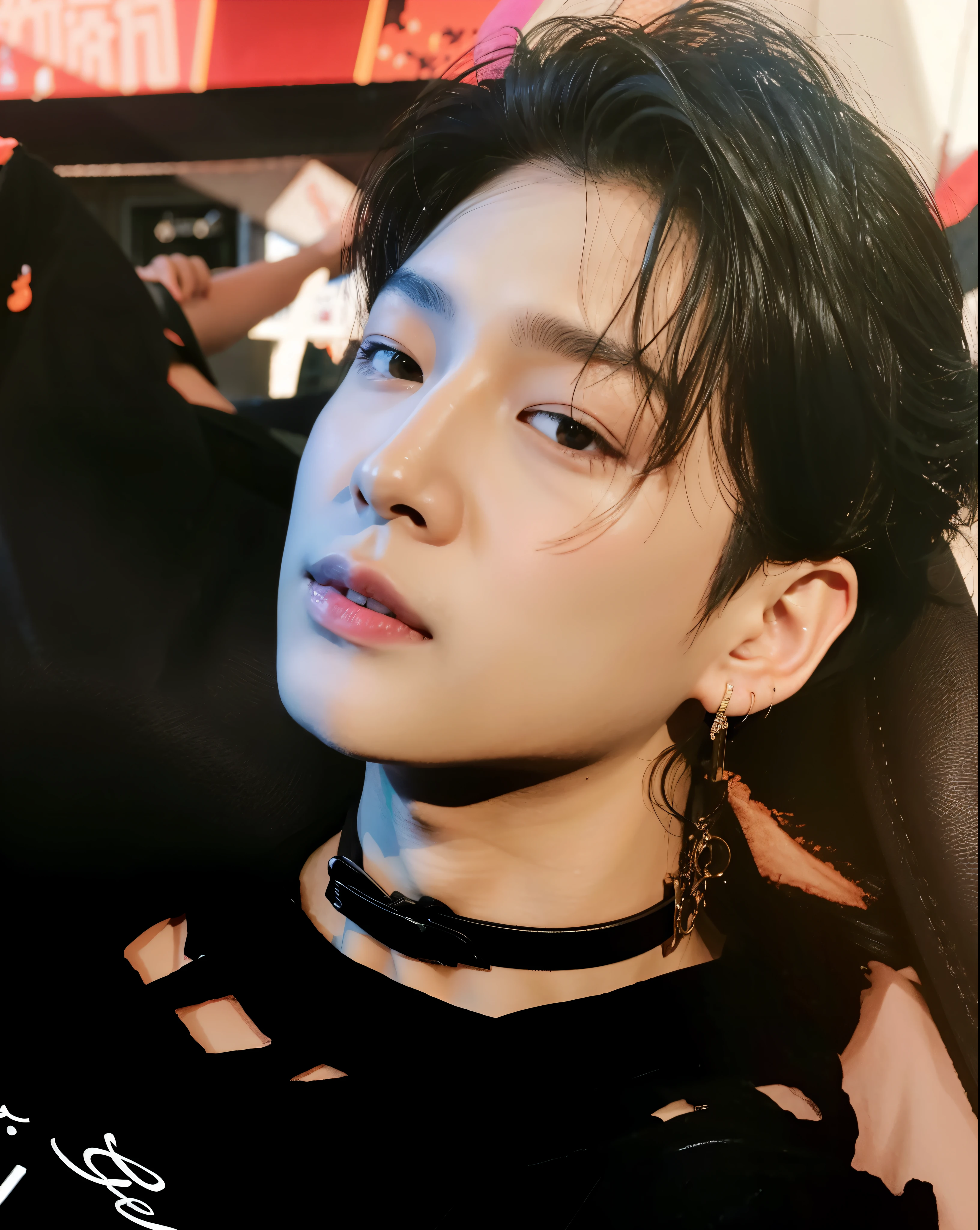 hay un hombre con una camisa negra y una gargantilla negra, jungkook, cai xukun, Inspirado por Bian Shoumin, Yoongi de pelo negro, kanliu666, hyung tae, young pale angel, Jimin, kim doyoung, kim taejin, Retrato de Jossi de Blackpink, inspirado en Kun Can, anime key images.