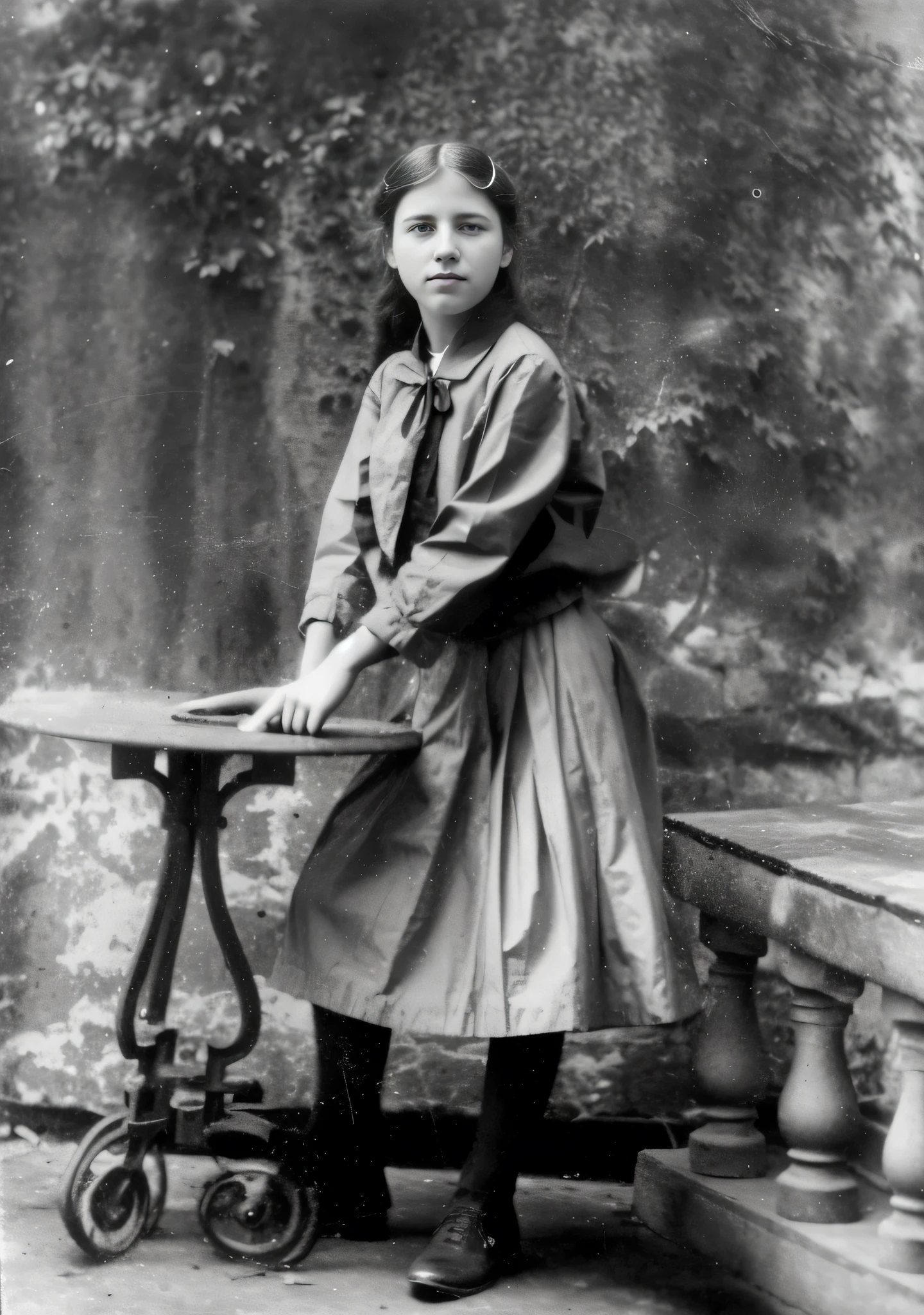 a black and white photo of a young chica de pie next to a table, foto de la chica, Location unknown, 1 9 0 0 s photograph, Photograph from 1900, tomada a mediados del siglo XIX, tomada a finales del siglo XIX, chica de pie, 13 years, retrato de cuerpo entero, Retrato de cuerpo entero