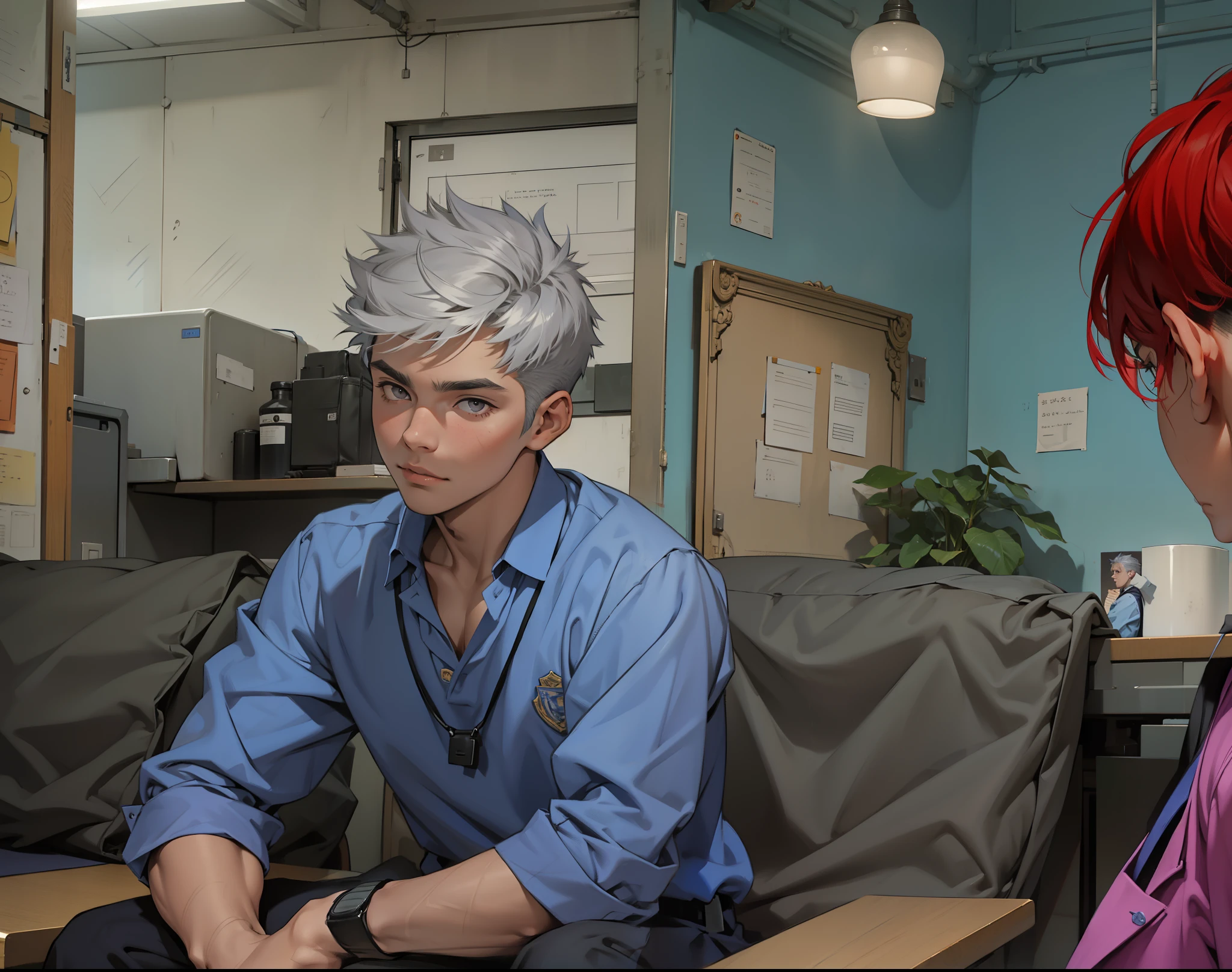 There is a handsome 18-year-old boy with short silver hair and gray eyes sitting listening to his school principal.