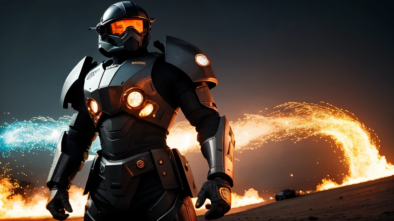 best quality,4K,8K,Hohe Strukturen,Meisterwerk:1.2),Hyper-Detaillierung,(realistischerweise,fotorealistisch, cinematic perspektive, police, schwarzes Metall, Science-Fiction, Mech-Anzug, upper body, apokalyptischer Hintergrund,, Funken, Flammen, Rauch, Feuerhintergrund, Armeen von Monstern, armageddon, night background,