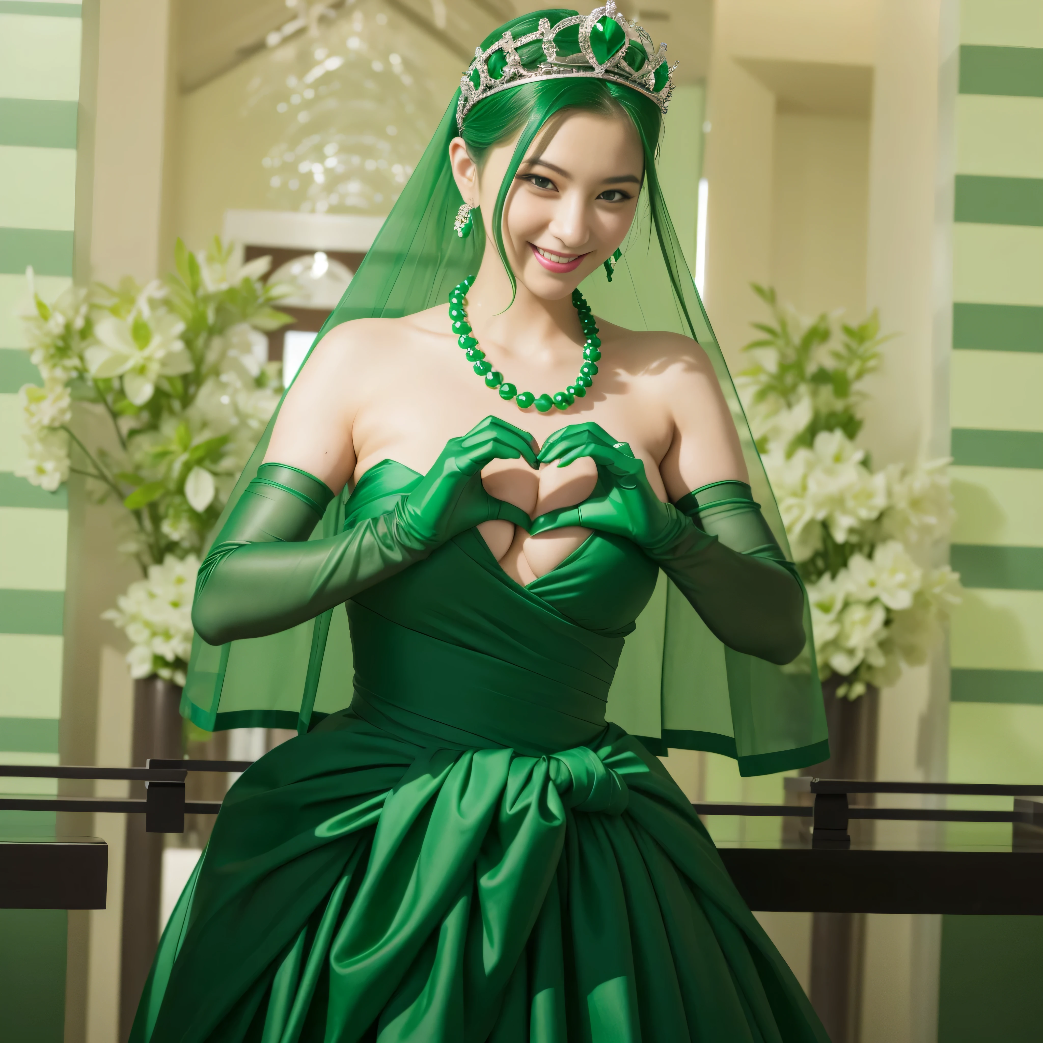 emerald tiara, Green Pearl Necklace, ボーイッシュな非常に短いgreen hair, green lips, smiling Japanese woman, very short hair,  Beautiful woman with big breasts, green eyes, green satin long gloves, green eyes, emerald earrings, Green veil, Heart with both hands, green hair, beautiful japanese woman, heart shaped hands:1.3, green lip gloss