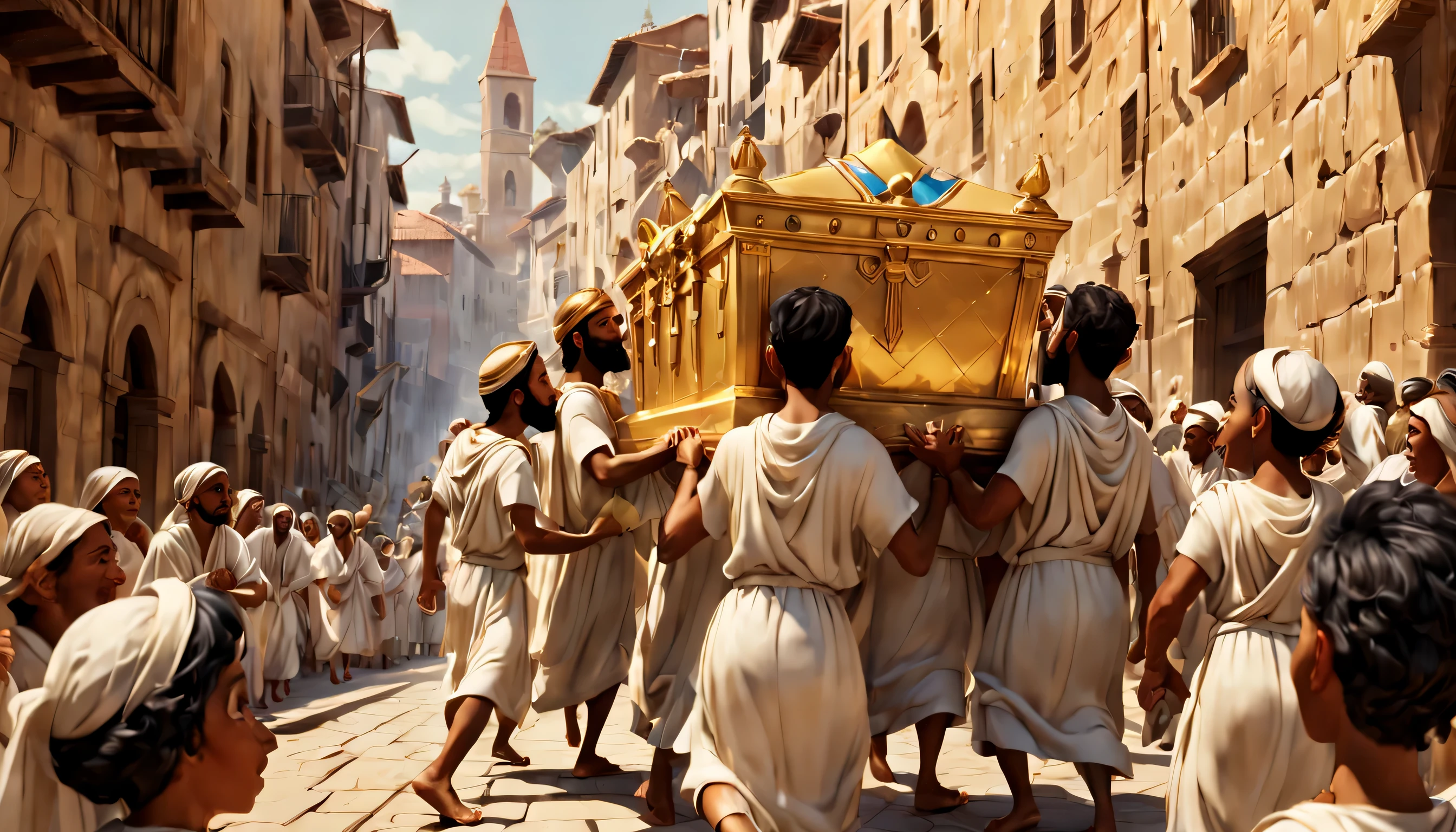 An image depicting a solemn procession of people carrying the sacred Ark of the Covenant, adornado com ornamentos dourados, through ancient streets towards a sacred destination.Estilo Pixar, ..3d, desenhos animados, rosto detalhado, Asymmetrical 16K