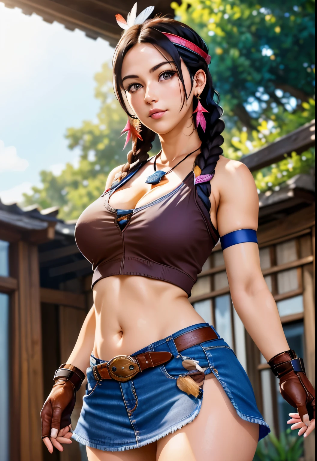 (photograph:1.3), high detail, Julia_Chang, 1 girl, alone, looking at the viewer, skirt, gloves, belly button, cleavage, bare shoulders, brown eyes, medium breasts, outdoors, shorts, Day, abdomen, belt, fingerless gloves, necklace, blurry, wood, crop top, blurry background, head band, Tank top, feather, denim, denim shorts, denim skirt, native american, dark red, gray, and black color, Bright colors, (summer, sunny weather:1.3), medium brightness lighting, (soft focus:1.3), (High praise, attractive, fascinating, exciting, nice, impressive:1.3), (surreal, sharp focus:1.3)