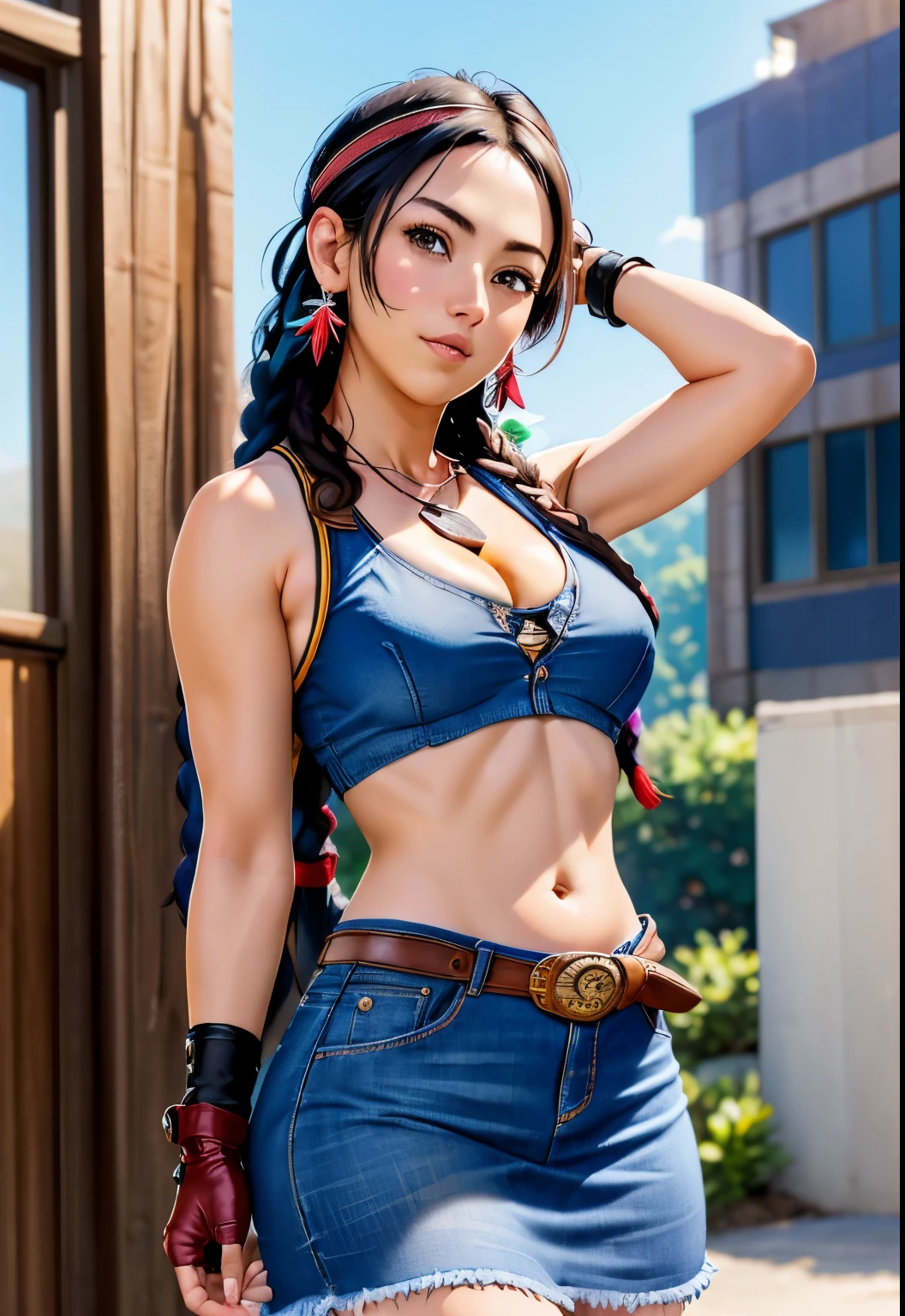 (Porno: 1.5) Nico Robin, ((height 188cm, M cup gigantic breasts, breast size 99cm, waist size 55cm, hip size 91cm, detailed body measurements)) long black hair, (sunglasses on top of head )(detailed hair texture ) blue eyes ( Details of the eyes) White and clean skin (detailed skin texture) ((Top is a navy blue crop :1.1,top jacket, bottoms are a pink sarong:1.05 ), (detailed texture of the clothing))(( long thining pubic hair ,pussy, semen Pussy full of,creampie)) cinematic lighting, on canon eos r6 mark2 with canon ef f2.8l usm (in style of manny librodo:1.2)