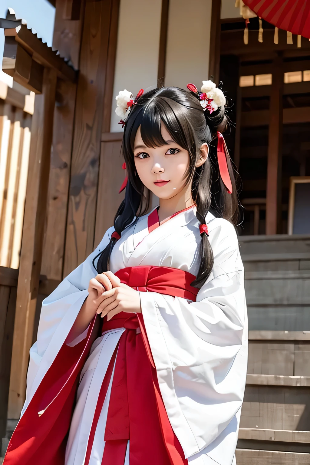 shrine maiden costume、beautiful shrine maiden、Black Hair Upstyle、((whole body))、(((photo taken from below)))、Kawahara