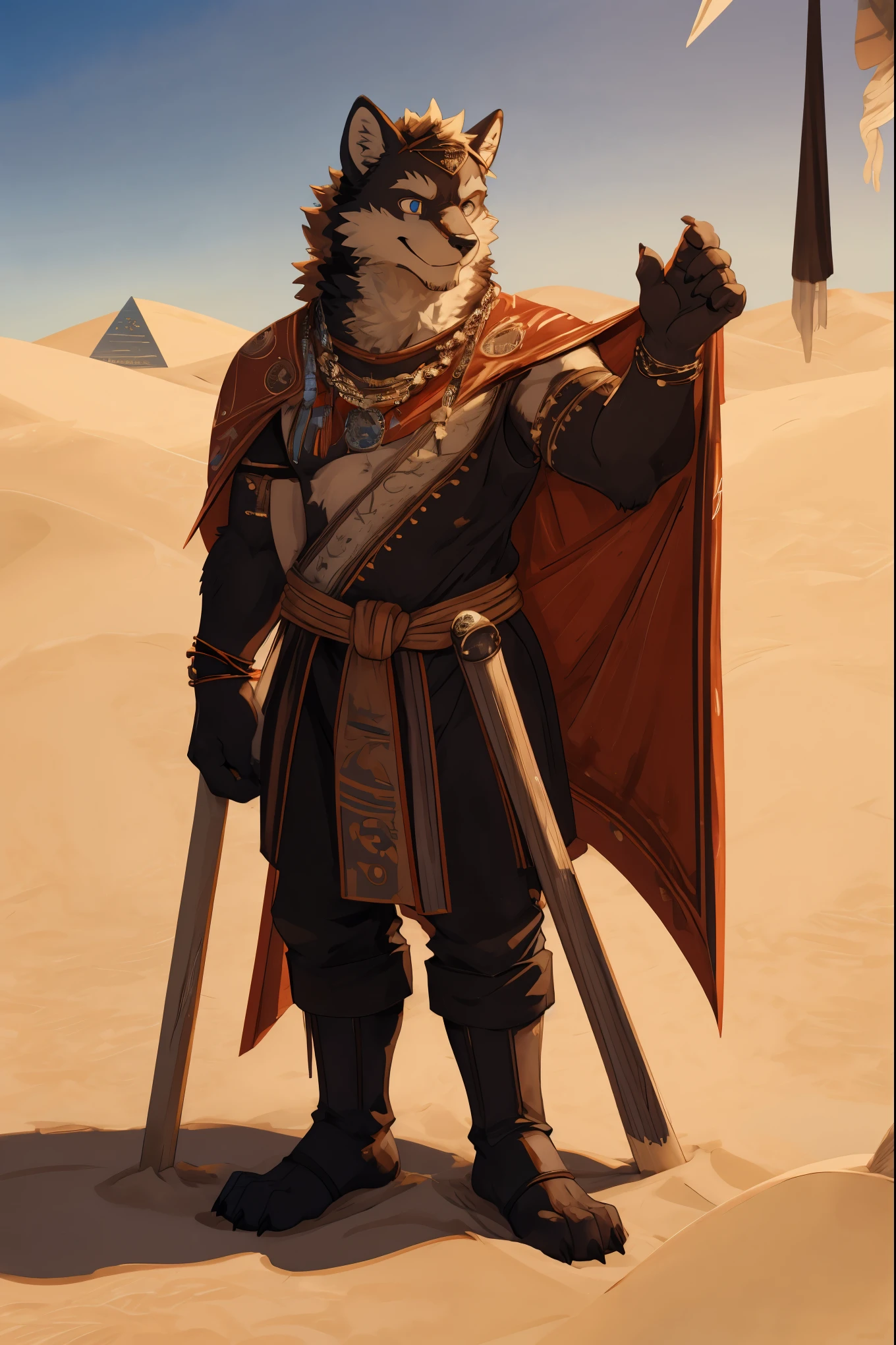 High-quality illustrations, masterpiece, absurdres, super high resolution, detailed background, desert, sand dunes, pyramid, Traditional costumes, Happy, joyful, Relux(Travel photos)perfect anatomy(kemono, furry anthro, National clothing)cinematic lighting, beautiful shadow, dynamic angle,