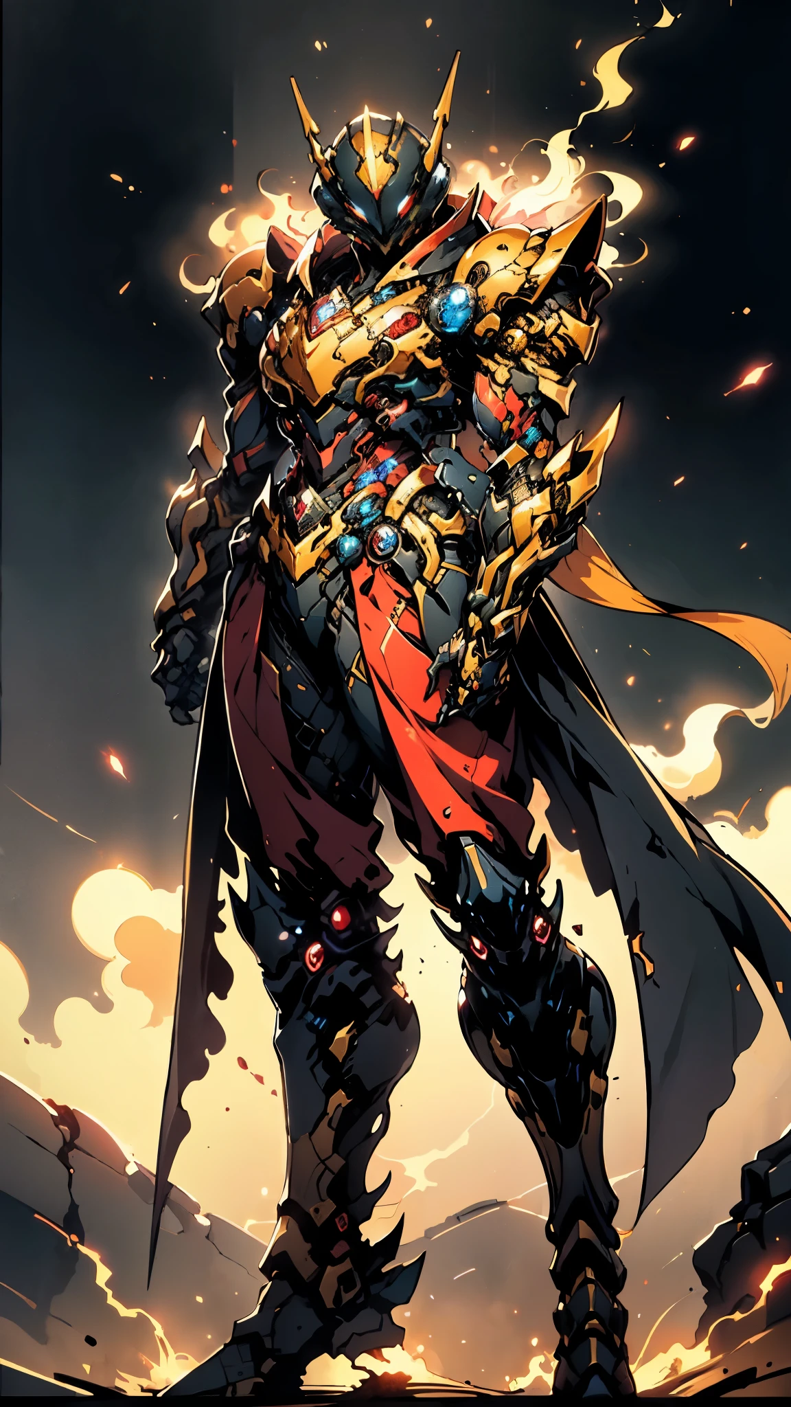 A woman adorned in fantasy-style full-body armor, a crown-concept fully enclosed helmet that unveils only her eyes, a composite layered chest plate, fully encompassing shoulder and hand guards, a lightweight waist armor, form-fitting shin guards, the overall design is heavy-duty yet flexible, ((the armor gleams with a golden glow, complemented by red and blue accents)), exhibiting a noble aura, she floats above a fantasy-surreal high-tech city, this character embodies a finely crafted fantasy-surreal style armored hero in anime style, exquisite and mature manga art style, (Queen bee mixed with Spider concept Armor, plasma, blood), ((Element, energy, elegant, goddess, femminine:1.5)), metallic, high definition, best quality, highres, ultra-detailed, ultra-fine painting, extremely delicate, professional, anatomically correct, symmetrical face, extremely detailed eyes and face, high quality eyes, creativity, RAW photo, UHD, 32k, Natural light, cinematic lighting, masterpiece-anatomy-perfect, masterpiece:1.5