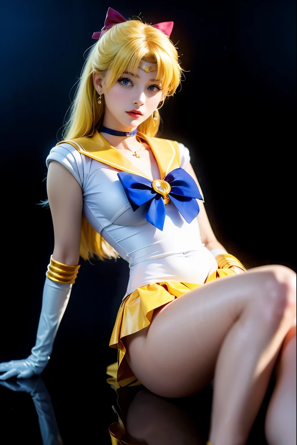 ((masterpiece:1.4)、(highest quality:1.4)、(realistic:1.7))、Masseter muscle part:1.4、beautiful girl、(sailor moon:1.4)、Tsukino Usagi、Body fit sexy sailor warrior uniform、(latex shiny)、(The jacket is a white sleeveless sailor uniform.)、(Skirt Blue Sexy Ultra Ultra Pleated Mini Skirt)、The collar of the sailor suit is blue with two thin lines..、high leg swimsuit、red cloth decoration on the chest、(wearing white gloves)、pretty girl、Super beautiful、sharp focus、portrait photography、(perfect female body:1.4)、perfect proportions、Upper body shot:1.4、beautiful face、beautiful eyes、tight waist、beautiful feet、(yellow hair:1.4)、spread legs、show white panties,(hair length:1.2)、beautiful breasts、big and full breasts:1.2、sexy ass、RAW photo、red lips、red high heels:1.4、choker:1.4、necklace:1.4、earrings:1.4、luxurious golden tiara:1.4、1 screen display、moon、cosmos、spaceship、space station、city of the future