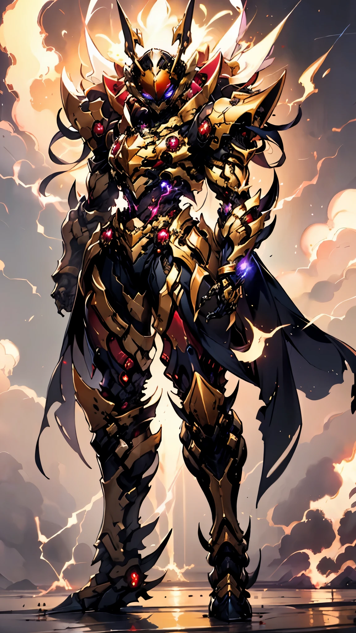 A woman adorned in fantasy-style full-body armor, a crown-concept fully enclosed helmet that unveils only her eyes, a composite layered chest plate, fully encompassing shoulder and hand guards, a lightweight waist armor, form-fitting shin guards, the overall design is heavy-duty yet flexible, ((the armor gleams with a golden glow, complemented by red and blue accents)), exhibiting a noble aura, she floats above a fantasy-surreal high-tech city, this character embodies a finely crafted fantasy-surreal style armored hero in anime style, exquisite and mature manga art style, (Queen bee mixed with Spider concept Armor, plasma, blood), ((Element, energy, elegant, goddess, femminine:1.5)), metallic, high definition, best quality, highres, ultra-detailed, ultra-fine painting, extremely delicate, professional, anatomically correct, symmetrical face, extremely detailed eyes and face, high quality eyes, creativity, RAW photo, UHD, 32k, Natural light, cinematic lighting, masterpiece-anatomy-perfect, masterpiece:1.5