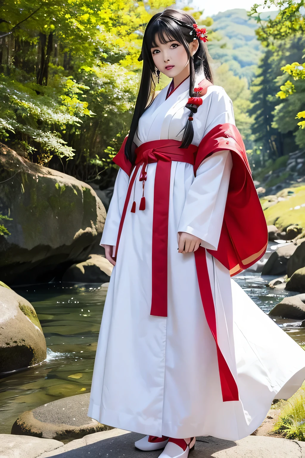 white and red shrine maiden clothes、Adult Beautiful Priestess、Black Hair Upstyle、((whole body))、(((photo taken from below)))、The background is a riverbed