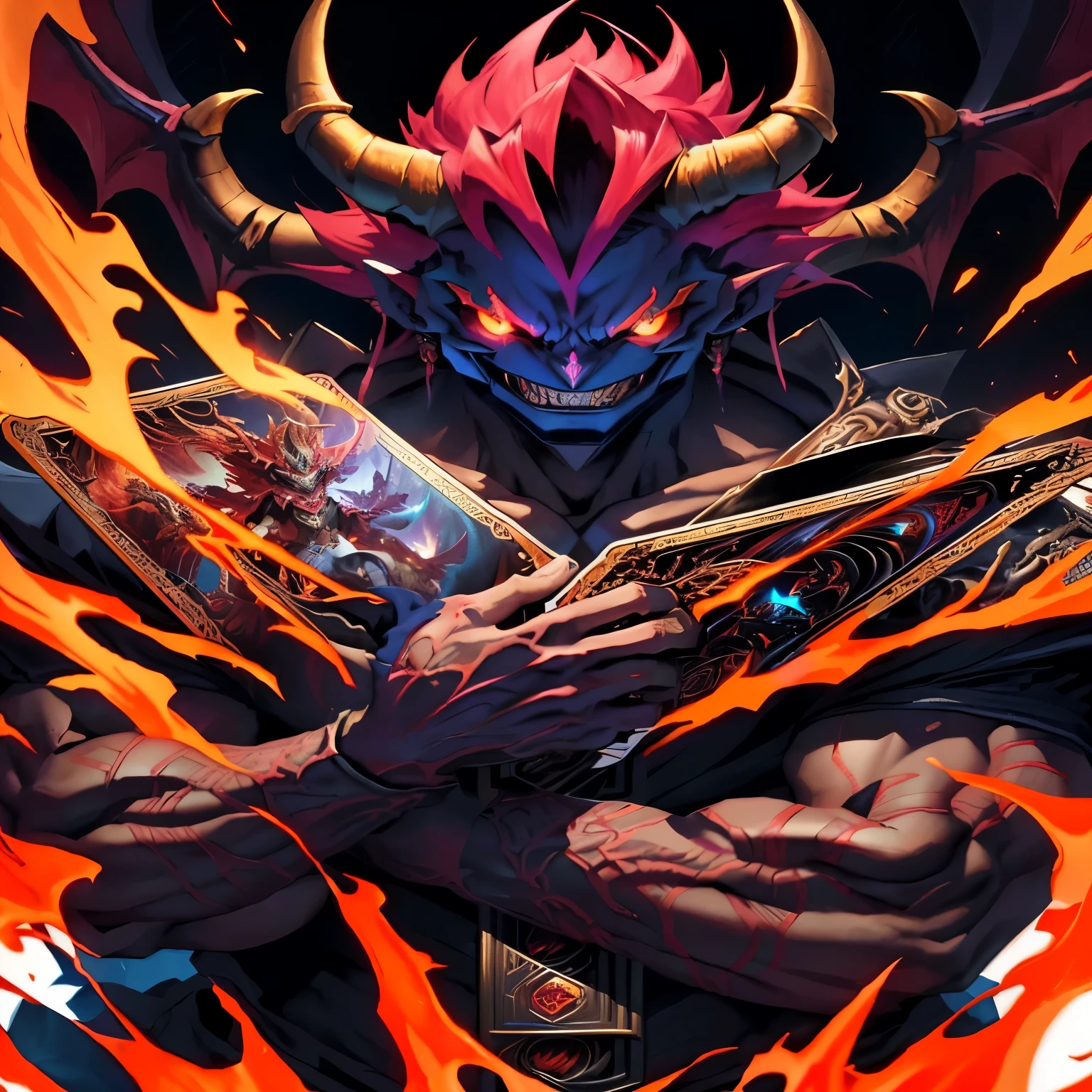 
a close up of a card with a picture of a dragon, ornate supreme demon overlord, yugioh card, epic masterpiece torment, muscled humanoid balrog demon, 😱 chaos · nightmare resin, gapmoe yandere grimdark, collectible card art, hyper ultra detailed, extended art, high detailed official artwork, yugioh artwork, full art, yugioh art style, Zorc Necrophades, main evil monster vs the egyptian gods