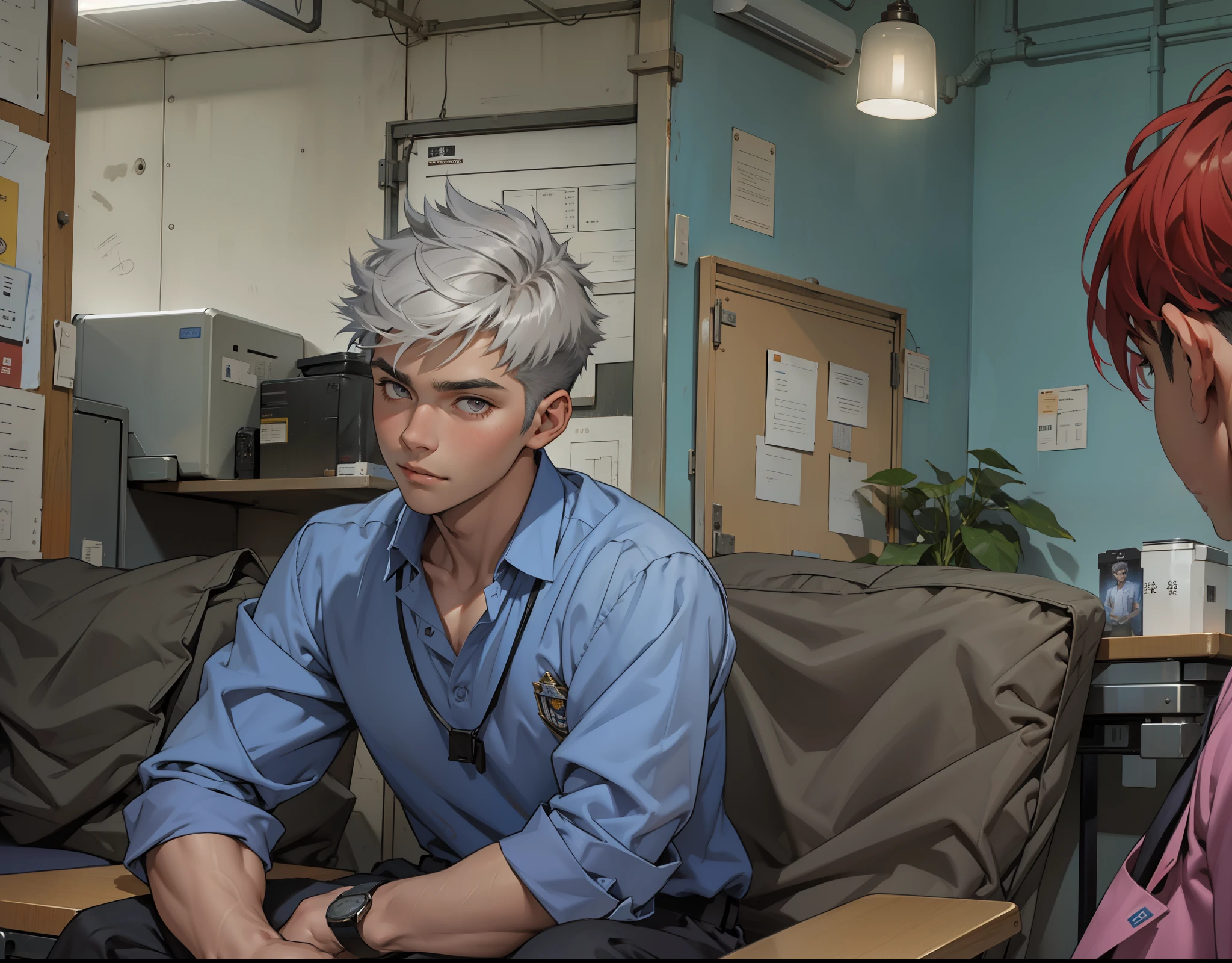 There is a handsome 18-year-old boy with short silver hair and gray eyes sitting listening to his school principal.