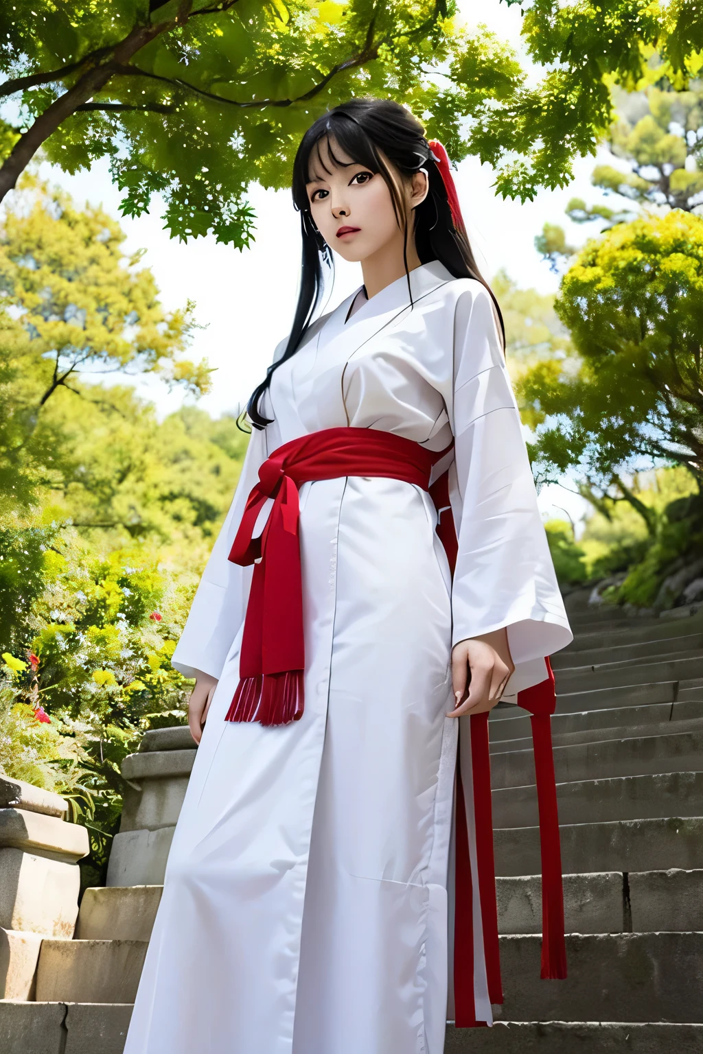 A beautiful shrine maiden in an elegant kimono stands gracefully on a sacred hill, A gold collar around his neck、Her chest is exposed and beautiful.。The feet are wearing sandals.。A kimono with a waist-length slit and knee-length。The colors are a perfect combination of red and white, which are symbols of purity.. Her jet black hair flowed long, well maintained、Shining in the sunlight. His deep, His bright dark eyes radiated calm and wisdom., As if it holds an ancient tale from the past.. Her smooth, symmetrical face、It is decorated with a gentle smile that gives an aura of peace to the viewer.。.