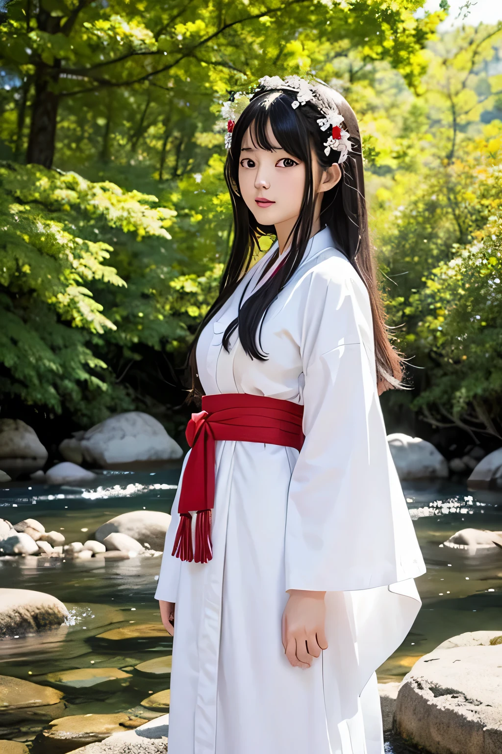 white and red shrine maiden clothes、Adult Beautiful Priestess、Black Hair Upstyle、((whole body))、(((photo taken from below)))、The background is a riverbed