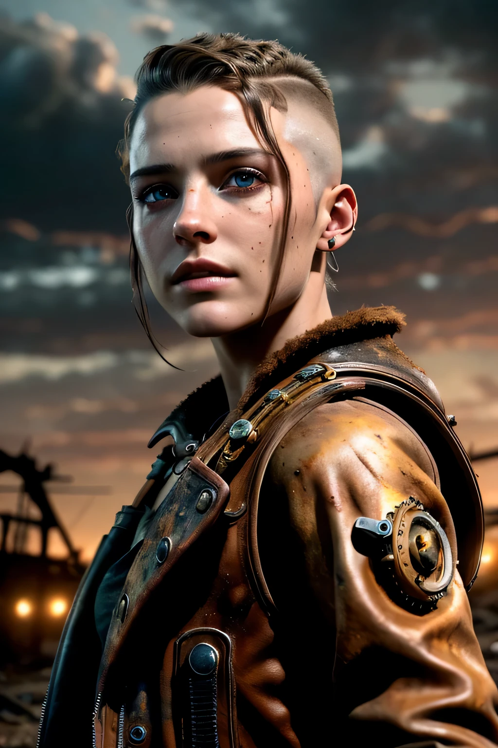 masterpiece, ultra detailed, 8K, Raw photo, Realistic light, Cinematic composition, skyscape with clouds, full colours nightfall, depth of field, 35 mm, postapocalyptic aura, steampunk aesthetic, 18 years old cute woman, on the ruined street, (torn dirty steampunk clothing), cute sexy, depth of field, (Focus: 1.2), dark atmosphere, in dinamic movement, cinematic lighting, detailed face and skin texture, fine eyes, brown hair colour, hair shaved in the sides, action movie style, vivid colours