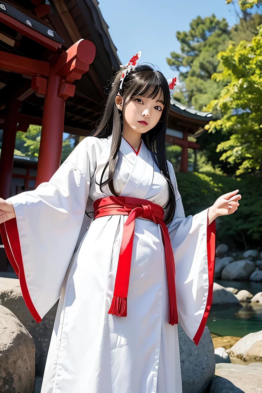 white and red shrine maiden clothes、Adult Beautiful Priestess、Black Hair Upstyle、((whole body))、(((photo taken from below)))、The background is a riverbed