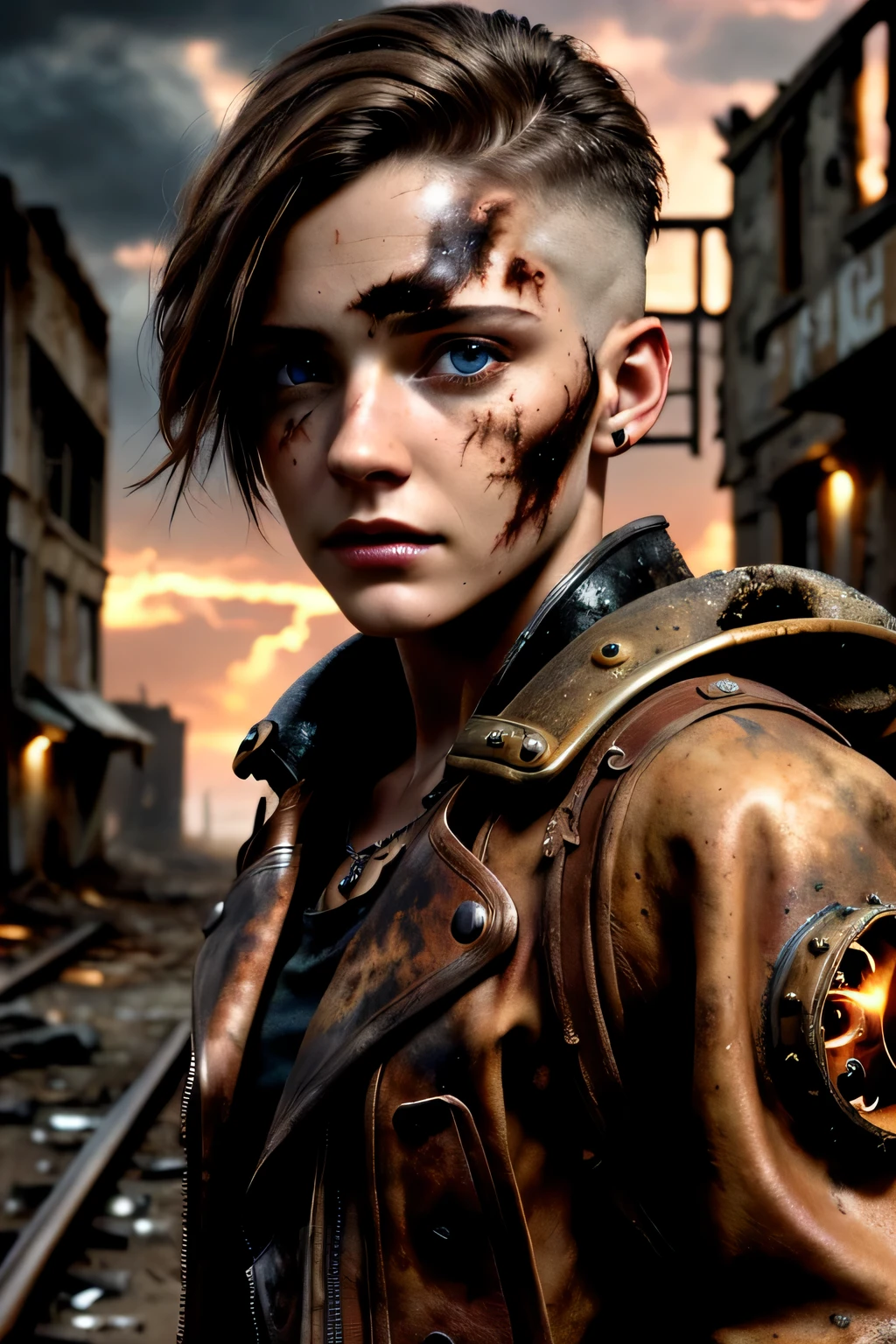 masterpiece, ultra detailed, 8K, Raw photo, Realistic light, Cinematic composition, skyscape with clouds, full colours nightfall, depth of field, 35 mm, postapocalyptic aura, steampunk aesthetic, 18 years old cute woman, on the ruined street, (torn dirty steampunk clothing), cute sexy, depth of field, (Focus: 1.2), dark atmosphere, in dinamic movement, cinematic lighting, detailed face and skin texture, fine eyes, brown hair colour, hair shaved in the sides, action movie style, vivid colours