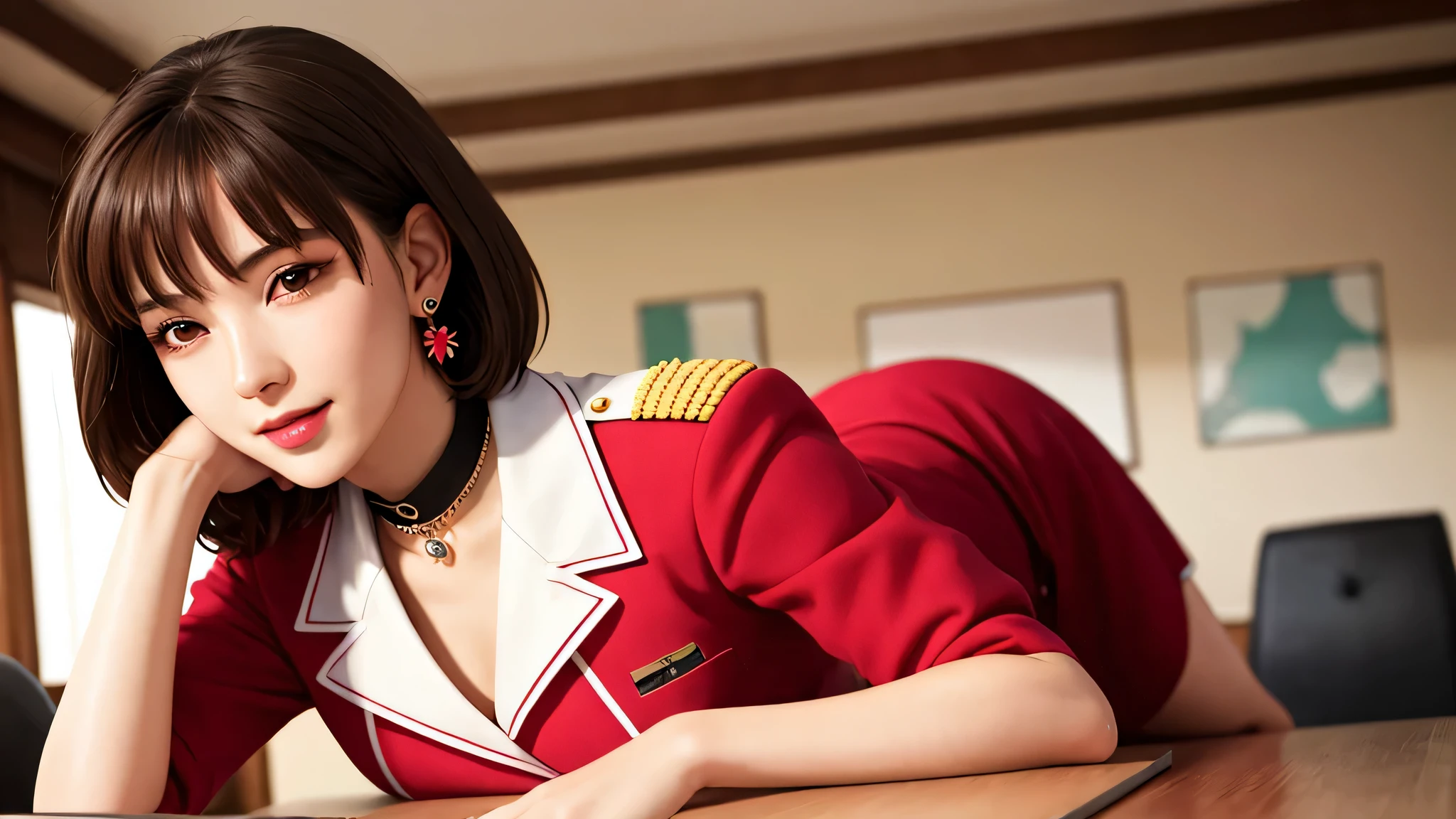 lying on the desk, Excited, necklace, earrings, whole body, short brown hair, red military uniform, that&#39;wonderful, ultra high resolution, RAW photo, realism: 1.25), (bright lip gloss, long eyelashes, smooth face, bright skin, natural shadow, wide light, wide light, written boundary depth, strong color, subtle caustics: 0.8), (big breasts), perfect body,(lie:1.3),