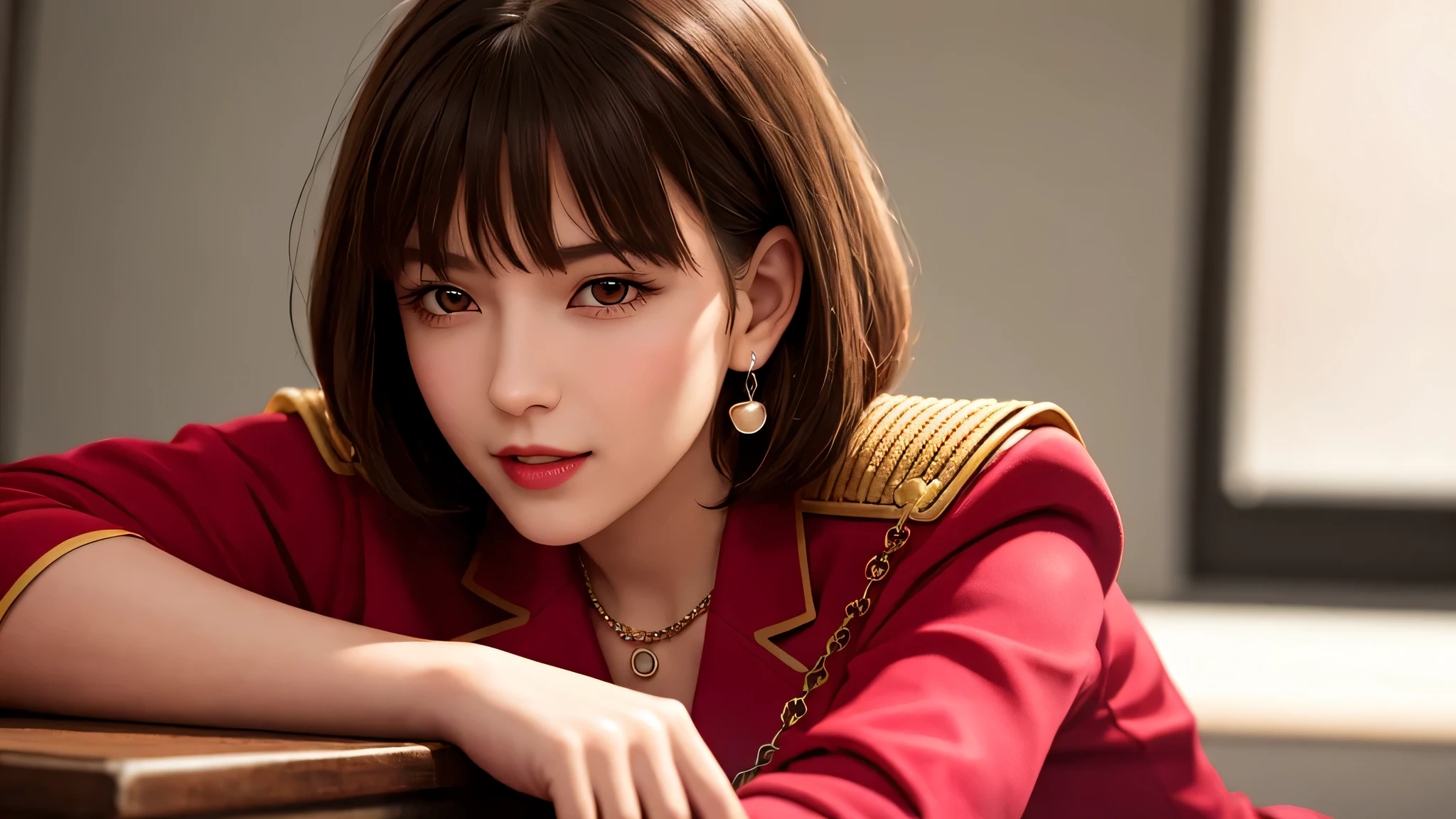 lying on the desk, Excited, necklace, earrings, whole body, short brown hair, red military uniform, that&#39;wonderful, ultra high resolution, RAW photo, realism: 1.25), (bright lip gloss, long eyelashes, smooth face, bright skin, natural shadow, wide light, wide light, written boundary depth, strong color, subtle caustics: 0.8), (big breasts), perfect body,(lie:1.3),