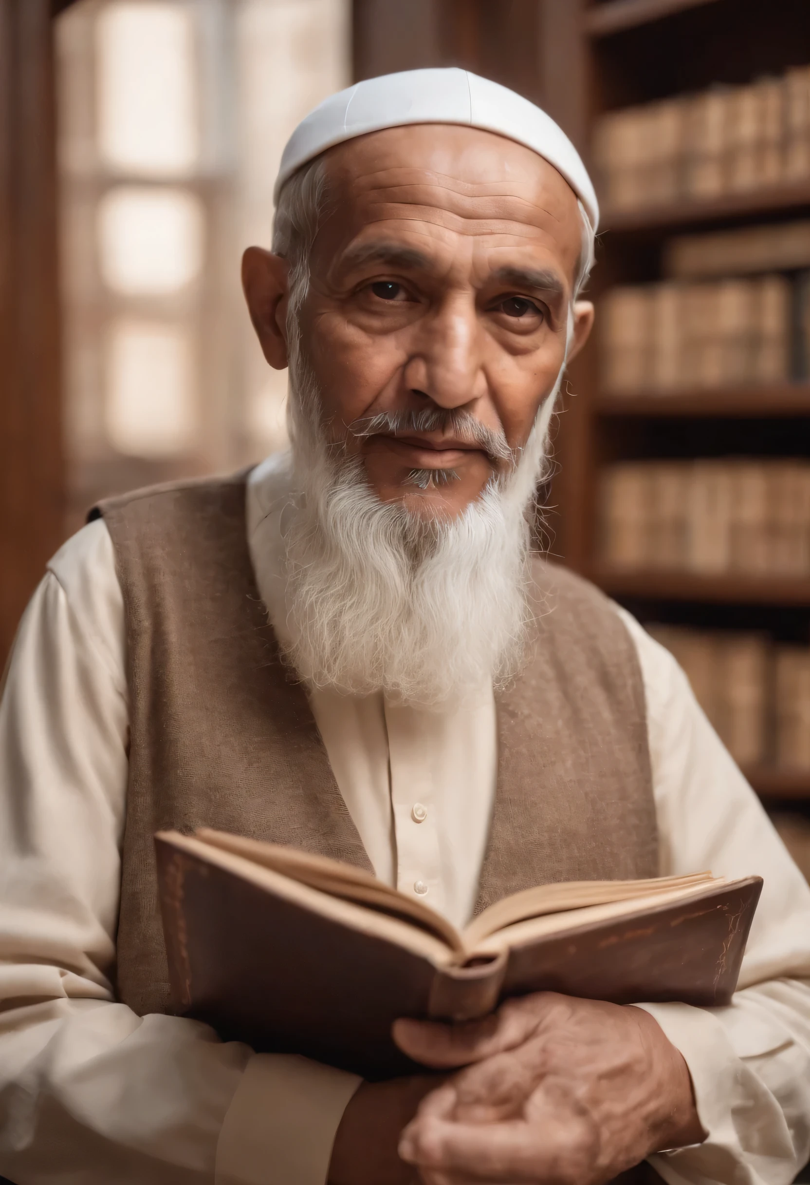 An old Muslim man with open eyes looks at the camera with a book in his hand in a library background