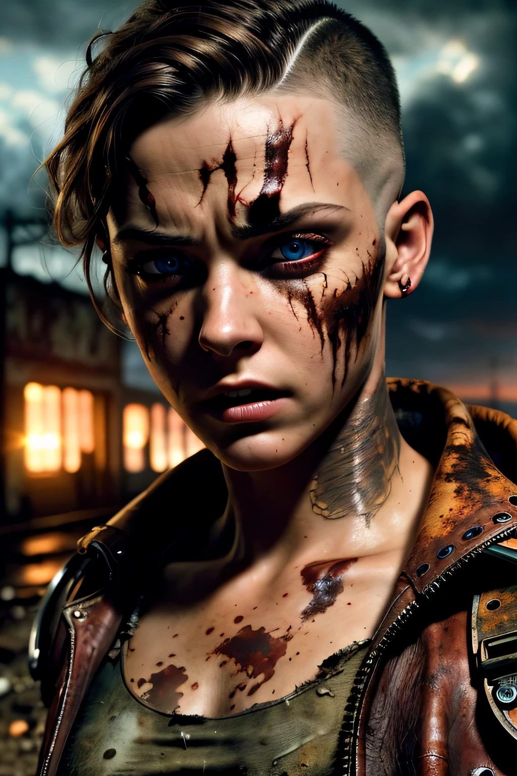 masterpiece, ultra detailed, 8K, Raw photo, Realistic light, Cinematic composition, skyscape with clouds, full colours nightfall, depth of field, 35 mm, postapocalyptic aura, steampunk aesthetic, 18 years old cute woman, on the ruined street, (torn dirty steampunk clothing), cute sexy, depth of field, (Focus: 1.2), dark atmosphere, in dinamic movement, cinematic lighting, detailed face and skin texture, fine eyes, brown hair colour, hair shaved in the sides, action movie style, vivid colours, angry face, mouth closes, red eyes
