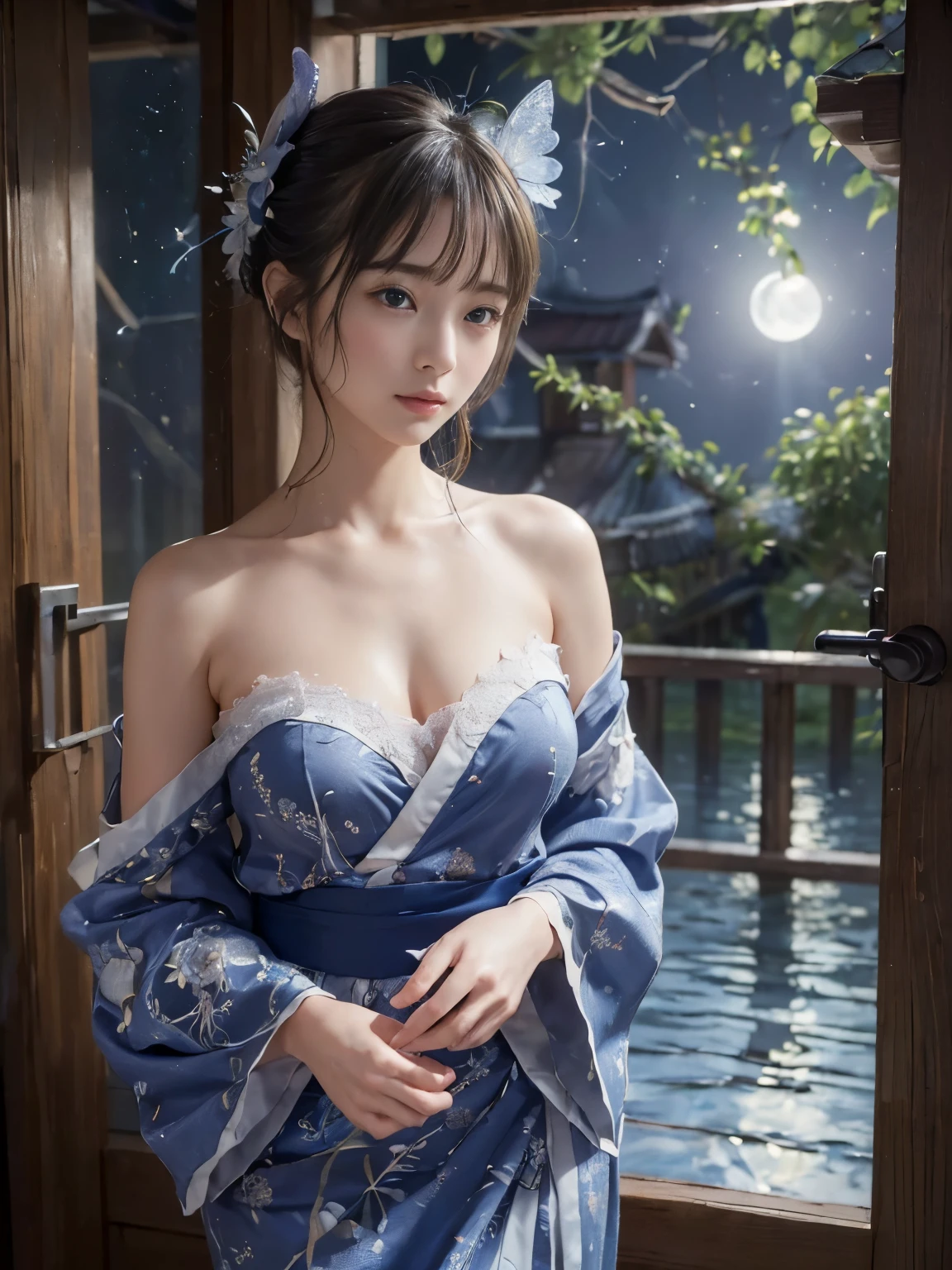 (masterpiece,Super detailed,8k,highest quality:1.5),((very cute)),best image quality, two dimensional beauty,sensual figure,intricate details,charm, realistic texture, charmな,(moonlight、Firefly Light:1.3),(Wearing a blue yukata),Right shoulder visible、beautiful and delicate hands