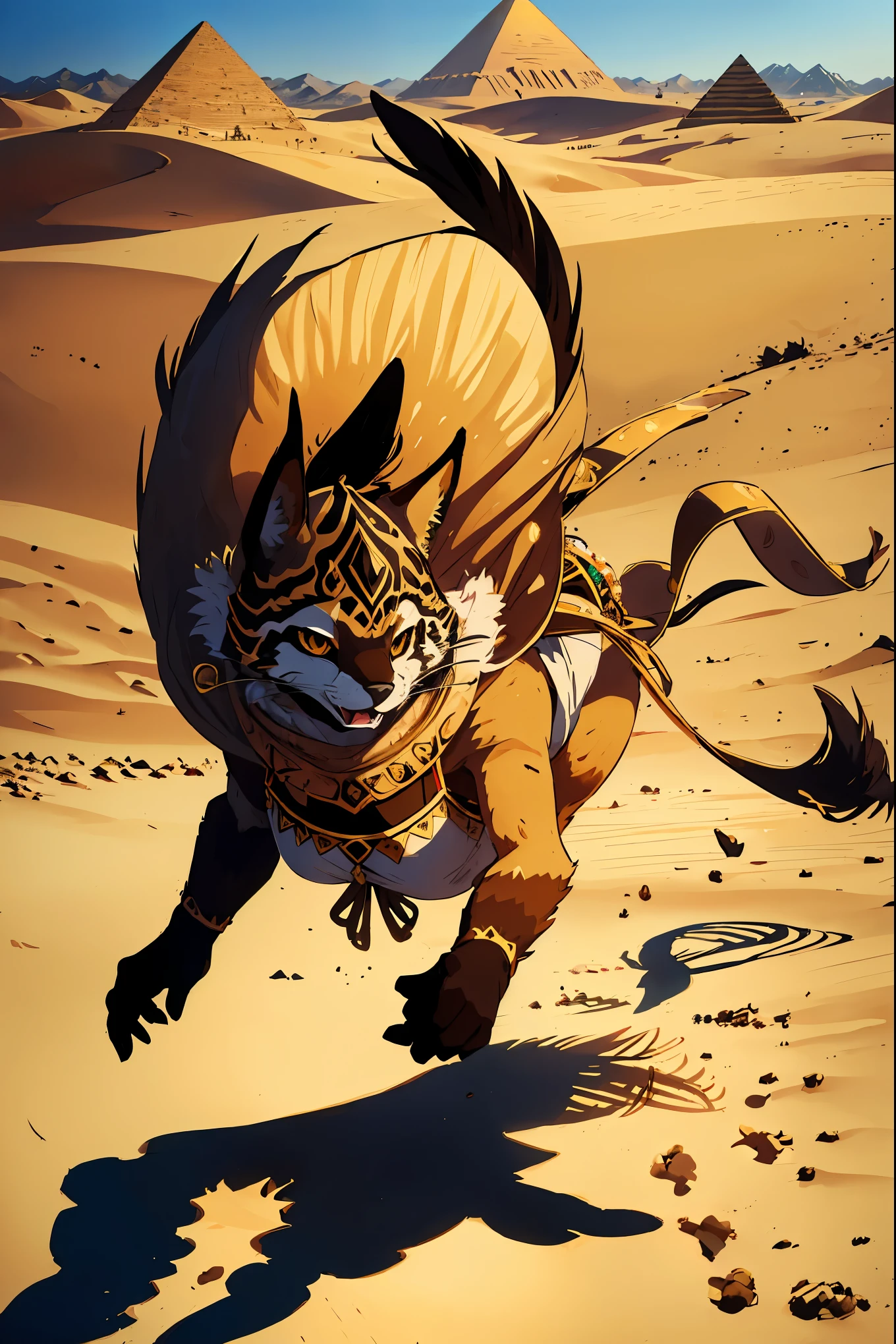 High-quality illustrations, masterpiece, absurdres, super high resolution, detailed background, desert, sand dunes, pyramid, Traditional costumes, Happy, joyful, Relux(Travel photos)perfect anatomy(kemono, furry anthro, National clothing)cinematic lighting, beautiful shadow, dynamic angle,