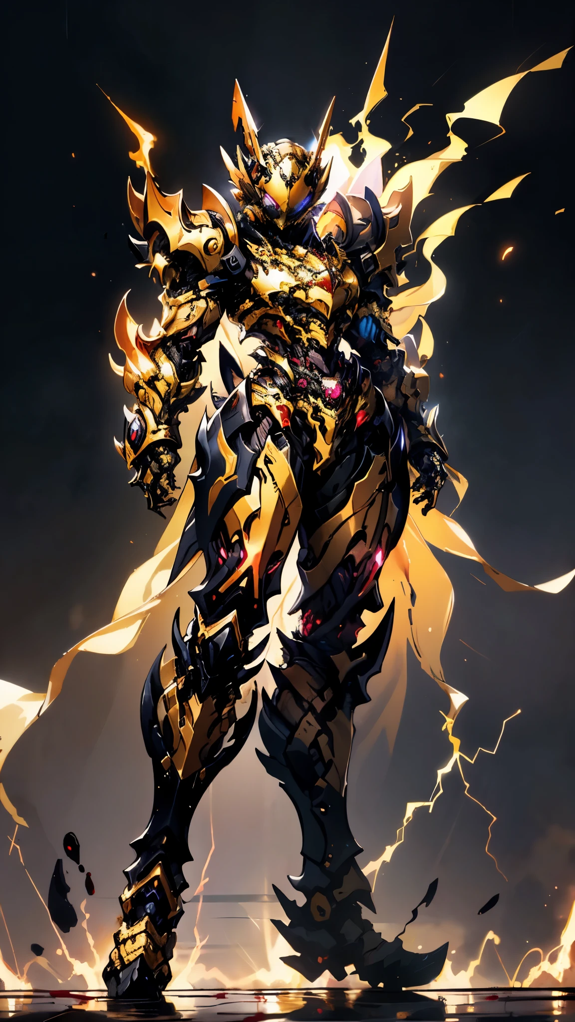 A woman adorned in fantasy-style full-body armor, a crown-concept fully enclosed helmet that unveils only her eyes, a composite layered chest plate, fully encompassing shoulder and hand guards, a lightweight waist armor, form-fitting shin guards, the overall design is heavy-duty yet flexible, ((the armor gleams with a golden glow, complemented by red and blue accents)), exhibiting a noble aura, she floats above a fantasy-surreal high-tech city, this character embodies a finely crafted fantasy-surreal style armored hero in anime style, exquisite and mature manga art style, (Queen bee mixed with Spider concept Armor, plasma, blood), ((Element, energy, elegant, goddess, femminine:1.5)), metallic, high definition, best quality, highres, ultra-detailed, ultra-fine painting, extremely delicate, professional, anatomically correct, symmetrical face, extremely detailed eyes and face, high quality eyes, creativity, RAW photo, UHD, 32k, Natural light, cinematic lighting, masterpiece-anatomy-perfect, masterpiece:1.5