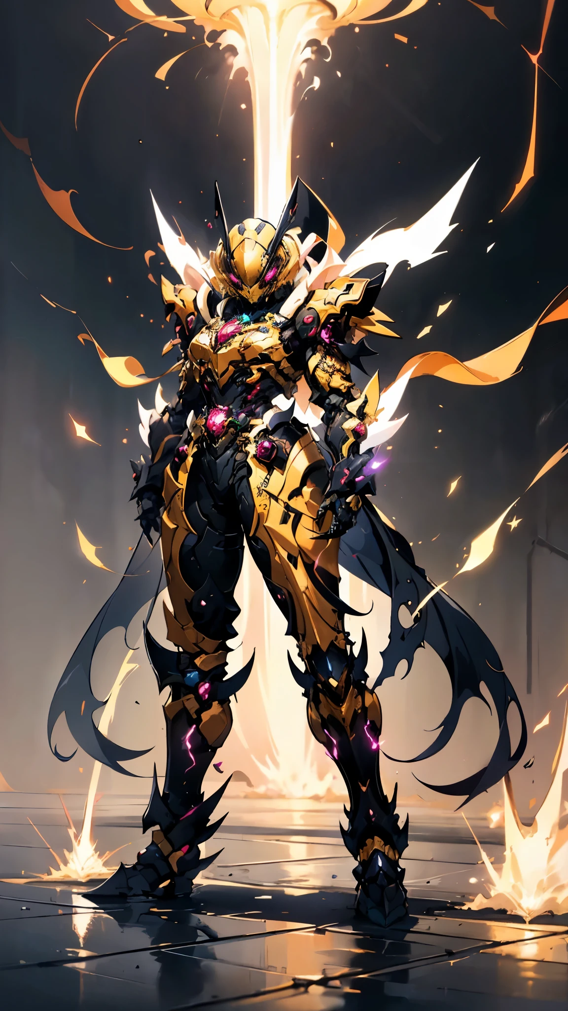 A woman adorned in fantasy-style full-body armor, a crown-concept fully enclosed helmet that unveils only her eyes, a composite layered chest plate, fully encompassing shoulder and hand guards, a lightweight waist armor, form-fitting shin guards, the overall design is heavy-duty yet flexible, ((the armor gleams with a golden glow, complemented by red and blue accents)), exhibiting a noble aura, she floats above a fantasy-surreal high-tech city, this character embodies a finely crafted fantasy-surreal style armored hero in anime style, exquisite and mature manga art style, (Queen bee mixed with Spider concept Armor, plasma, blood), ((Element, energy, elegant, goddess, femminine:1.5)), metallic, high definition, best quality, highres, ultra-detailed, ultra-fine painting, extremely delicate, professional, anatomically correct, symmetrical face, extremely detailed eyes and face, high quality eyes, creativity, RAW photo, UHD, 32k, Natural light, cinematic lighting, masterpiece-anatomy-perfect, masterpiece:1.5