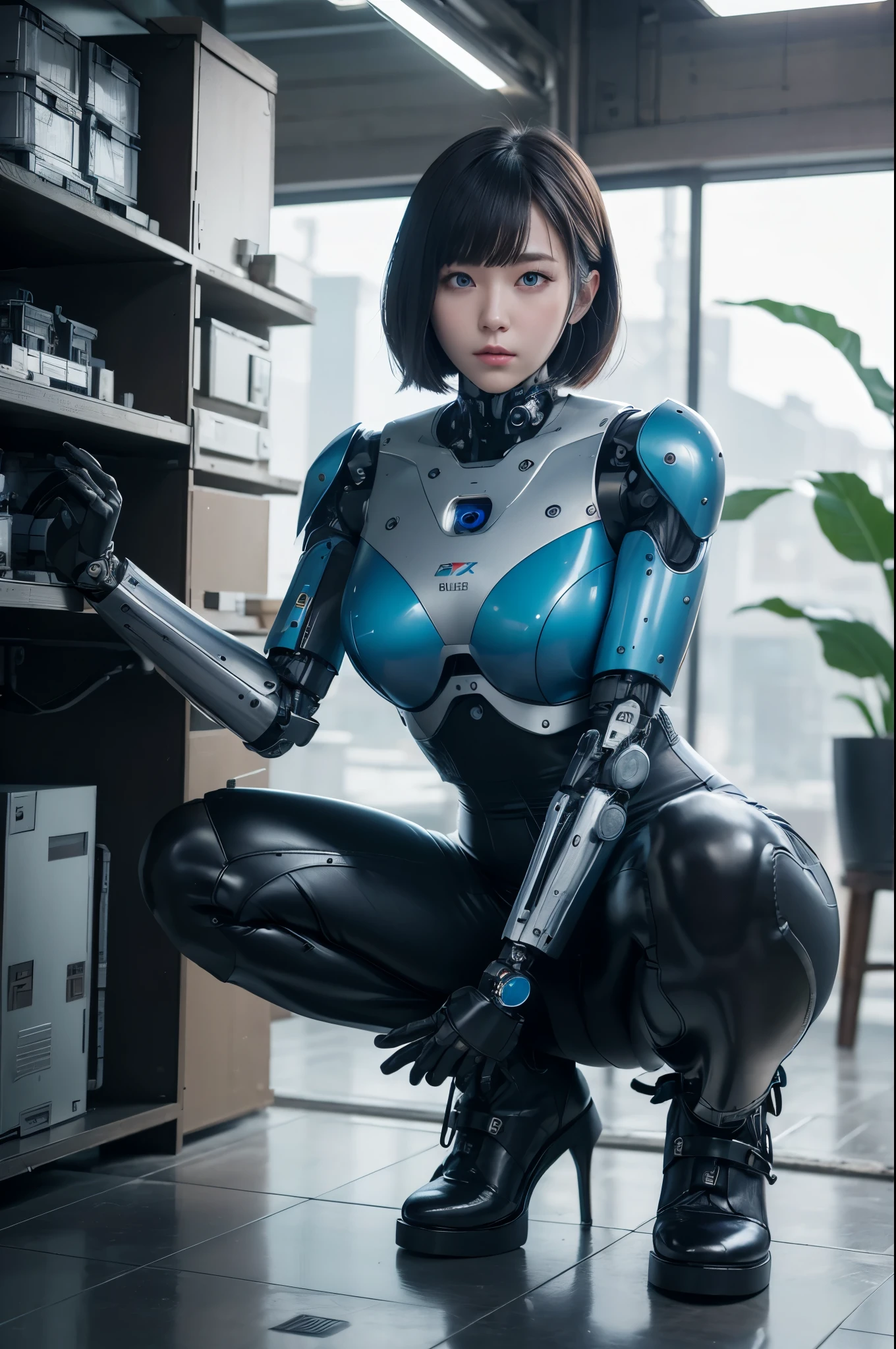 masterpiece, best quality, extremely detailed,portrait, Japanese android girl,Plump ,control panels,robot arms,robot,android,cyborg,robot body,blunt bangs,robot repair plant,squat,black skinny pants,boots,blue eyes