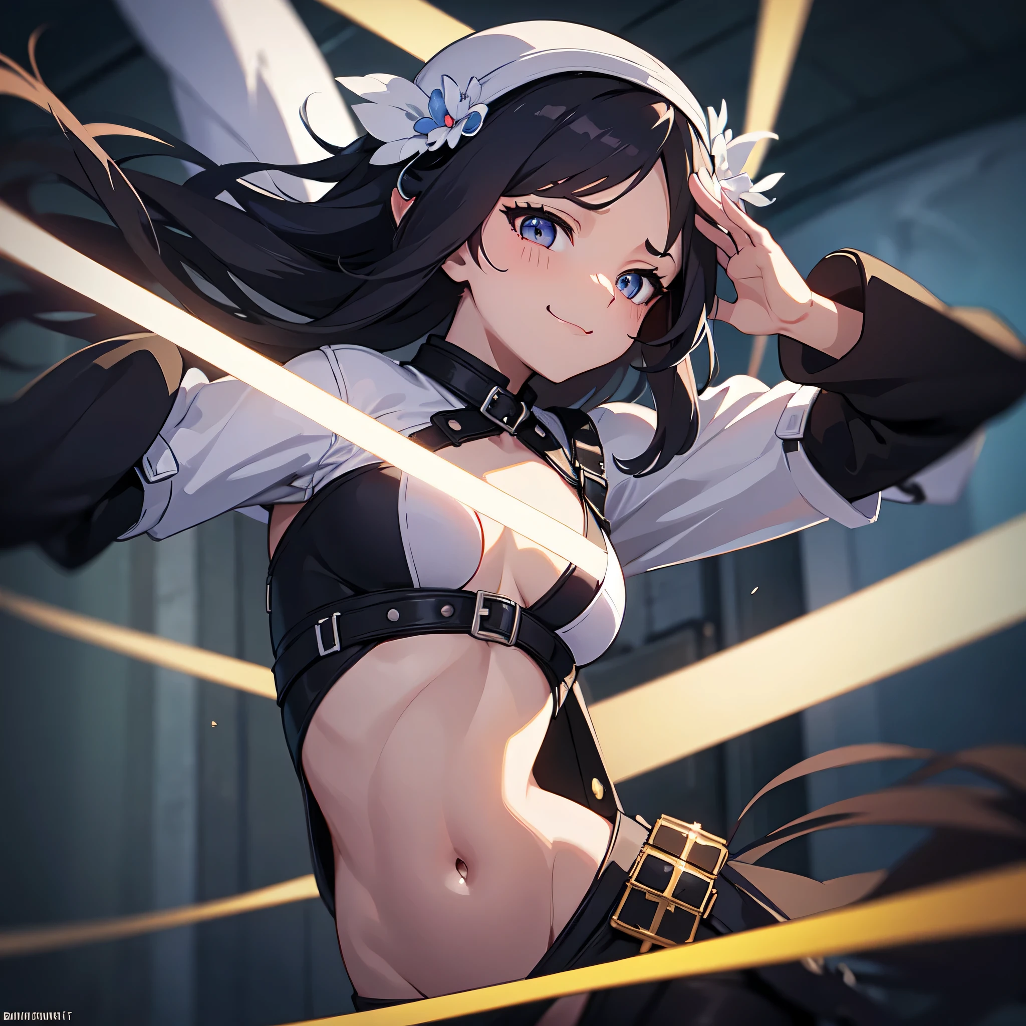 Superb rendering, 8K, Masterpiece, hyper qualit, Beauty: 1.2, Professional illustration: 1.1, Ultra detail: 1.3, Ultra illumination, Highly detailed, (Dark light detail), Craft an electrifying artwork titled 'Try Harder.' The Fullbody artwork showcases a young, small breast girl exuding coolness and badassery as she taunts the viewer, with a hint of eroticism, perhaps showing slighty panties. The scene bursts with excitement, featuring explosive elements such as taiko drums, a massive orchestra, and electronic elements. Despite her youthful appearance, the girl exudes confidence and allure, with a playful smirk and daring gaze inviting viewers to rise to her challenge. Her posture is assertive and commanding, commanding attention with her confident stance amidst the dynamic backdrop of music and energy. The artwork captures the essence of excitement and intensity, leaving viewers captivated by the girl's cool and sexy demeanor amidst the thrilling atmosphere of the composition 'Try Harder.' Add a long, cool, white jacket that covers her a little so she is not so fully exposed. Make the bacground detailed, elaborate. Beaitiful.