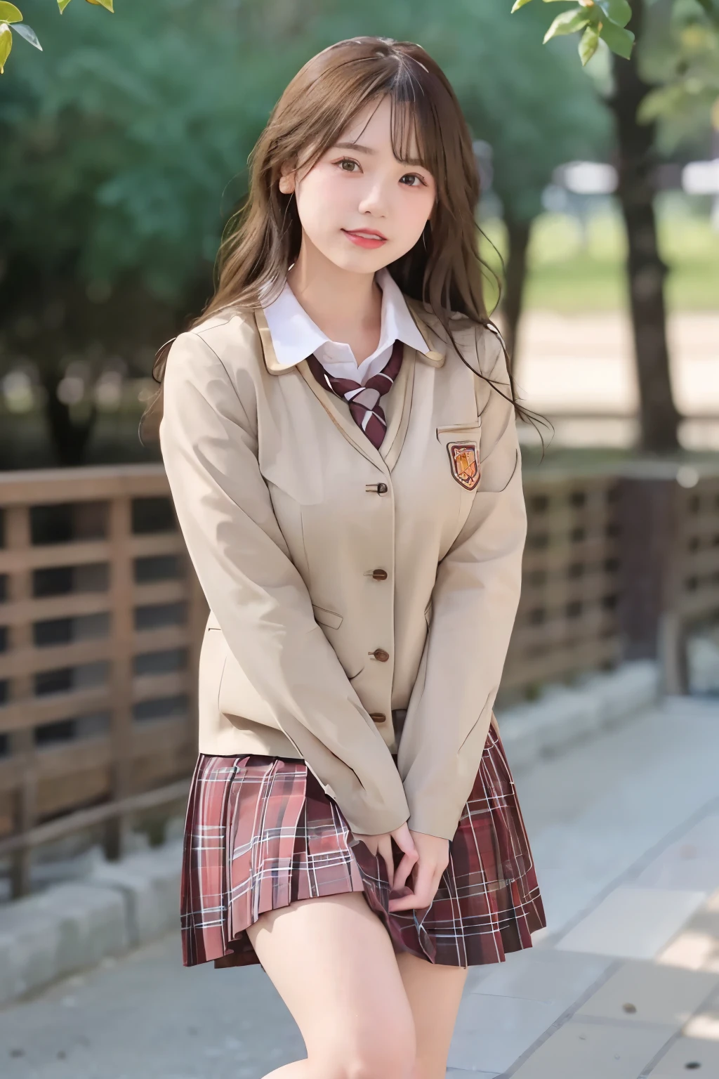 (((whole body))),(((Are standing:1.3))),「(((school uniform)))」,gal,Idol,gravure,ultra high resolution, film grain, movie, 1 girl, looking at the viewer, natural skin texture, Realistic eye and face details, full lips, lipstick, (compensate), ((red eyeshadow)), looking at the viewer(camera),8k, japanese girl, 1 girl, perfect face, perfect body, perfect fingers, 完璧な二本feet, big smile,(((very big eyes))),double eyelid,height: 150cm,soft expression,20-year-old,,small face,fluffy long hair, messy hair, beautiful feet, short woman, slim_feet, alone, huge breasts, blurred background,brown hair, , bangs, parted lips, lips, Depth of written boundary,