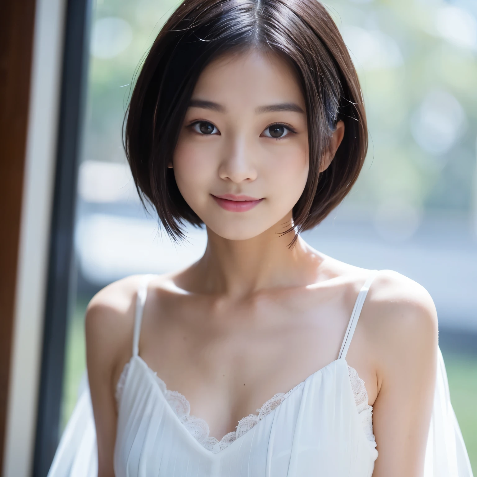 (masterpiece:1.3), (8k, photorealistic, RAW photo, best quality: 1.4), japanese, (1girl), beautiful face, (realistic face), (black hair, short hair:1.3), beautiful hairstyle, realistic eyes, beautiful detailed eyes, (realistic skin), beautiful skin, attractive, ultra high res, ultra realistic, highly detailed, golden ratio,  detaled face,looking at viewer,smile,open white shirt,medium breasts,standing,hand on hip