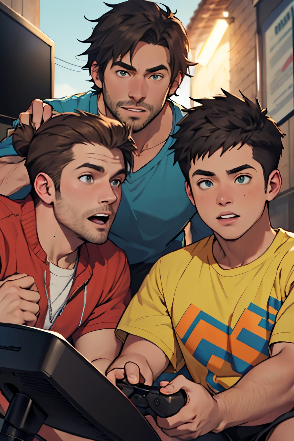 ((best quality)), ((masterpiece)), (detailed), perfect face group of friends playing xbox, its always sunny in philadelphia poster style