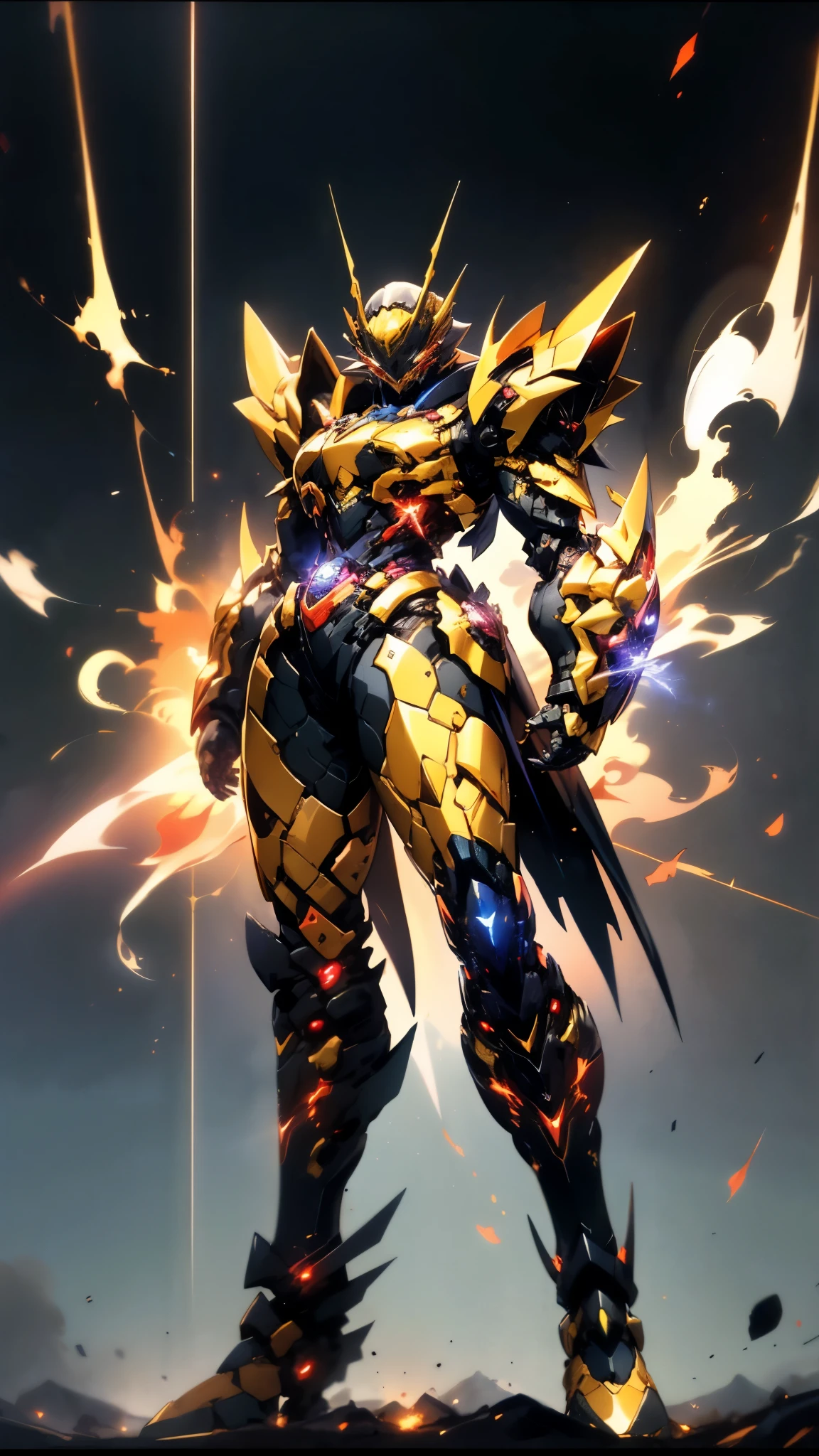 A woman adorned in fantasy-style full-body armor, a crown-concept fully enclosed helmet that unveils only her eyes, a composite layered chest plate, fully encompassing shoulder and hand guards, a lightweight waist armor, form-fitting shin guards, the overall design is heavy-duty yet flexible, ((the armor gleams with a golden glow, complemented by red and blue accents)), exhibiting a noble aura, she floats above a fantasy-surreal high-tech city, this character embodies a finely crafted fantasy-surreal style armored hero in anime style, exquisite and mature manga art style, (Queen bee mixed with Spider concept Armor, plasma, blood), ((Element, energy, elegant, goddess, femminine:1.5)), metallic, high definition, best quality, highres, ultra-detailed, ultra-fine painting, extremely delicate, professional, anatomically correct, symmetrical face, extremely detailed eyes and face, high quality eyes, creativity, RAW photo, UHD, 32k, Natural light, cinematic lighting, masterpiece-anatomy-perfect, masterpiece:1.5