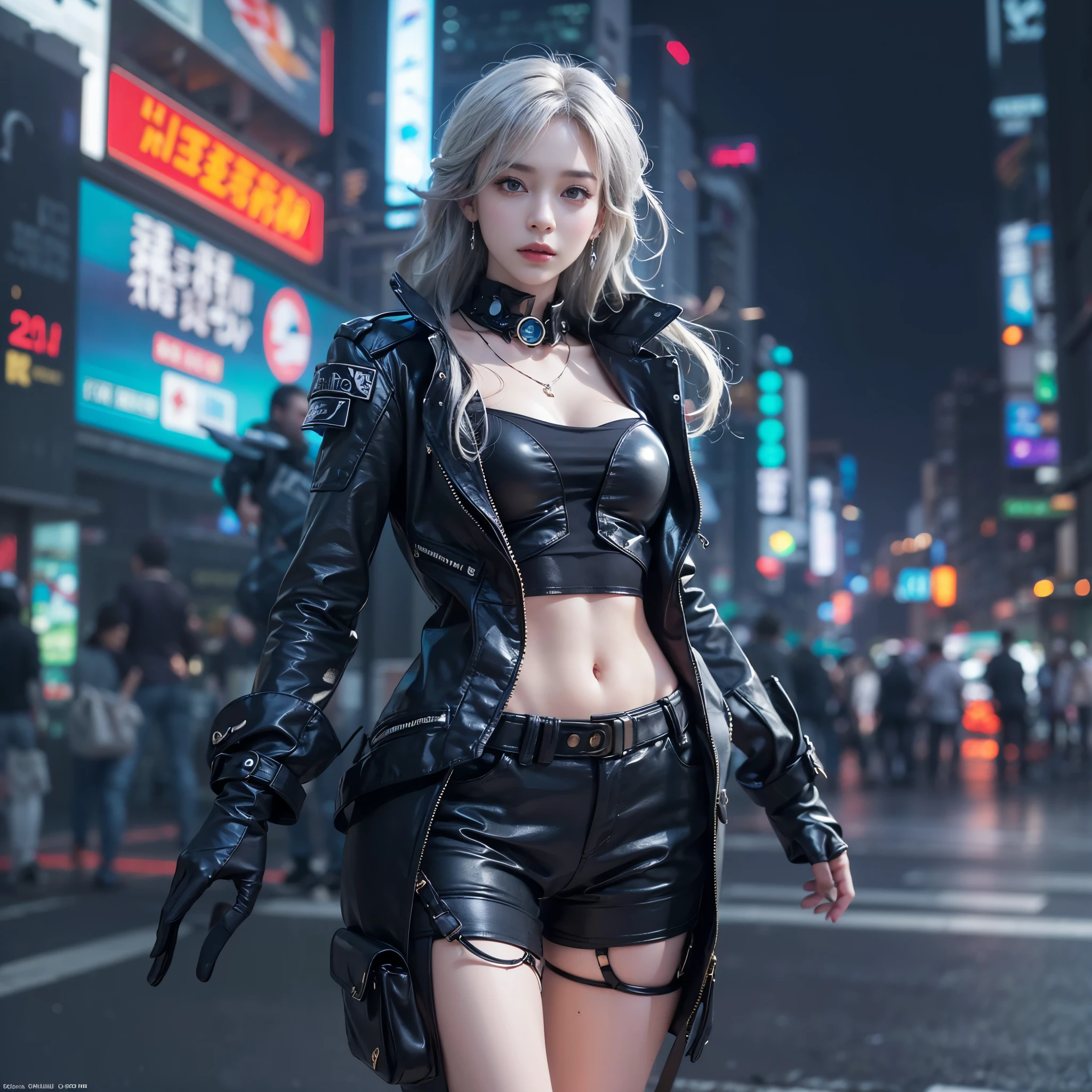 realistic, 1girl, 20 years old white hair, purple eyes, glowing eyes, cropped top, leather shorts, leather jacket, more than one rivet belts, parted lips, blush, night, sunlight, medium length hair, real, walking on airport