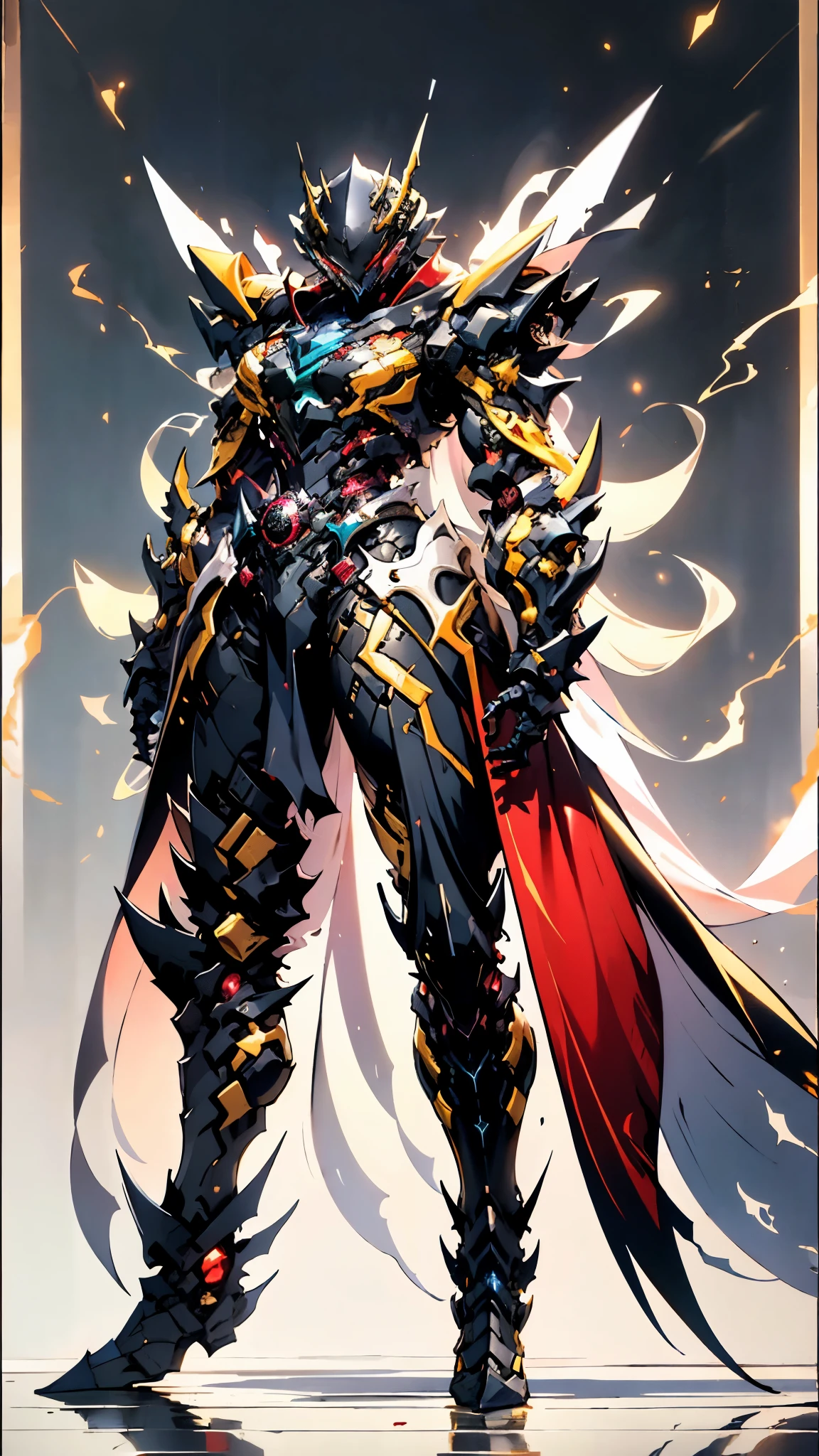 A woman adorned in fantasy-style full-body armor, a crown-concept fully enclosed helmet that unveils only her eyes, a composite layered chest plate, fully encompassing shoulder and hand guards, a lightweight waist armor, form-fitting shin guards, the overall design is heavy-duty yet flexible, ((the armor gleams with a golden glow, complemented by red and blue accents)), exhibiting a noble aura, she floats above a fantasy-surreal high-tech city, this character embodies a finely crafted fantasy-surreal style armored hero in anime style, exquisite and mature manga art style, (Queen bee mixed with Spider concept Armor, plasma, blood), ((Element, energy, elegant, goddess, femminine:1.5)), metallic, high definition, best quality, highres, ultra-detailed, ultra-fine painting, extremely delicate, professional, anatomically correct, symmetrical face, extremely detailed eyes and face, high quality eyes, creativity, RAW photo, UHD, 32k, Natural light, cinematic lighting, masterpiece-anatomy-perfect, masterpiece:1.5