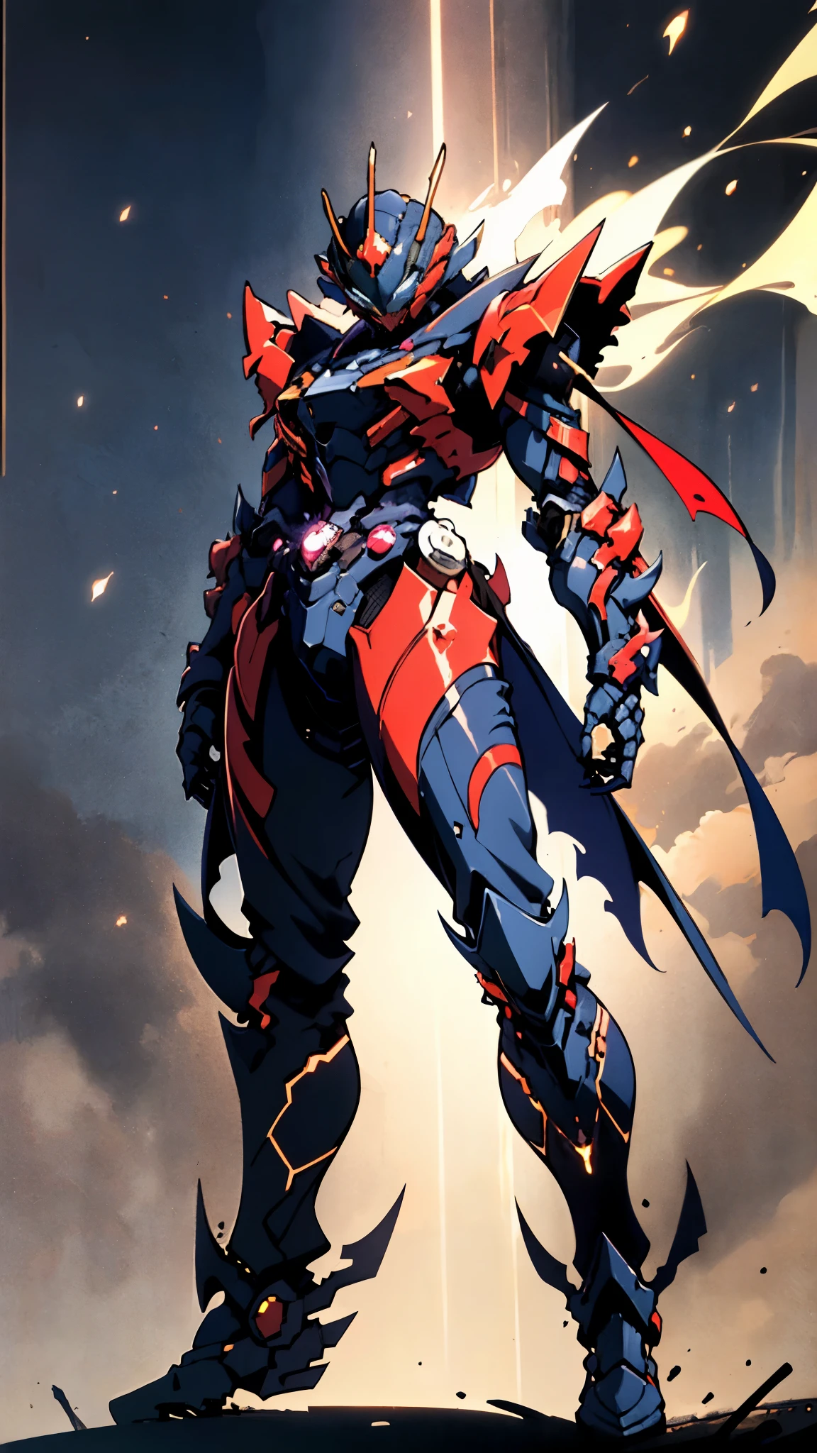 A woman adorned in fantasy-style full-body armor, a crown-concept fully enclosed helmet that unveils only her eyes, a composite layered chest plate, fully encompassing shoulder and hand guards, a lightweight waist armor, form-fitting shin guards, the overall design is heavy-duty yet flexible, ((the armor gleams with a golden glow, complemented by red and blue accents)), exhibiting a noble aura, she floats above a fantasy-surreal high-tech city, this character embodies a finely crafted fantasy-surreal style armored hero in anime style, exquisite and mature manga art style, (Queen bee mixed with Spider concept Armor, plasma, blood), ((Element, energy, elegant, goddess, femminine:1.5)), metallic, high definition, best quality, highres, ultra-detailed, ultra-fine painting, extremely delicate, professional, anatomically correct, symmetrical face, extremely detailed eyes and face, high quality eyes, creativity, RAW photo, UHD, 32k, Natural light, cinematic lighting, masterpiece-anatomy-perfect, masterpiece:1.5