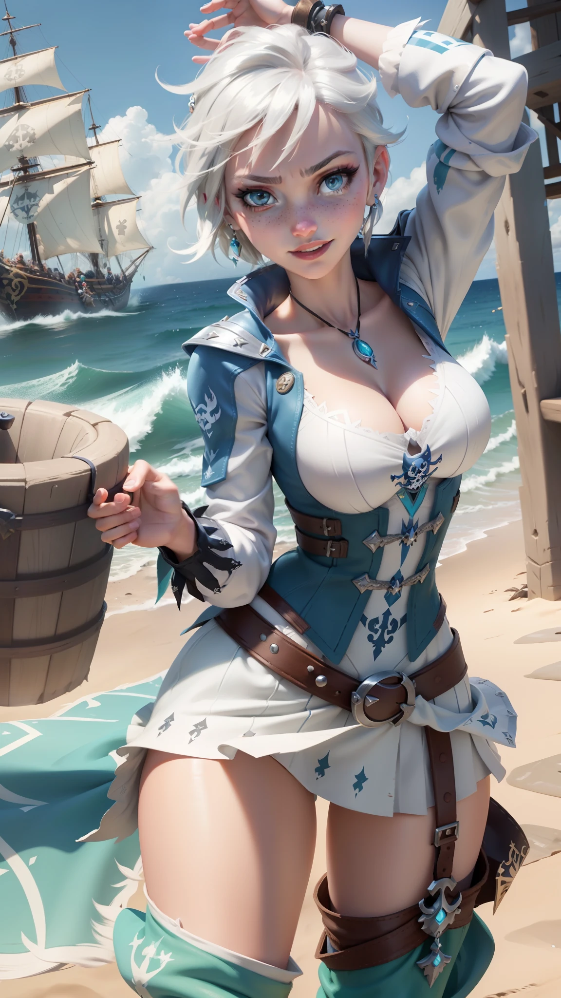 gwen tennyson and elsa fusion,overwatch,atelier ryza,pirate outfit,beach,teenager,green eyes,thigh high boots, garter belt, short hair,multicolored silver hair,pirate ship,sexy smile,white striped top,long tight skirt, freckles,pirate corset,pirate jacket,beautiful girl,large breasts,ultra detailed,realistic,pearl earrings,pirate sword,(weather:windy),combat stance,