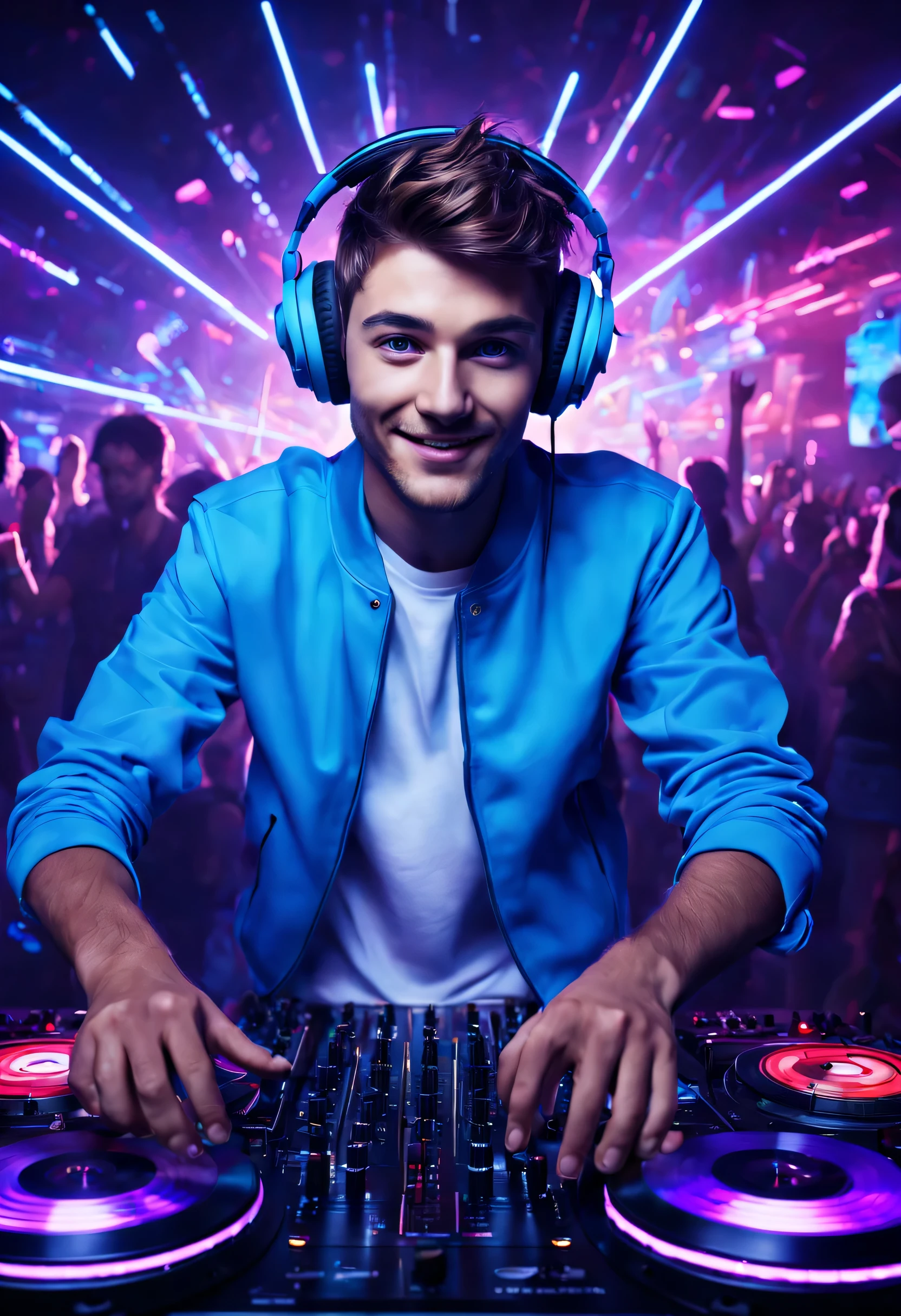 (melhor qualidade,high resolution,obra de arte:1.2),cena de cores vivas,retrato detalhado de um DJ de 25 anos com olhos claros,energetic atmosphere,futuristic scenery,average:oil painting,luzes de neon,ambiente do clube,luzes de palco cintilantes,toca-discos e console de mixagem,invigorating music,enthusiastic crowd,dynamic poses,dancing figures,hypnotic visual effects,sorriso radiante,estilo de moda moderna,fones de ouvido brilhantes,cabine de DJ elevada,telas LED piscando,efeito de movimento desfocado,electric atmosphere,electric blue and vibrant purple color scheme,batidas pulsantes,energetic strobe lights,electronic music vibrations,energia emocionante.