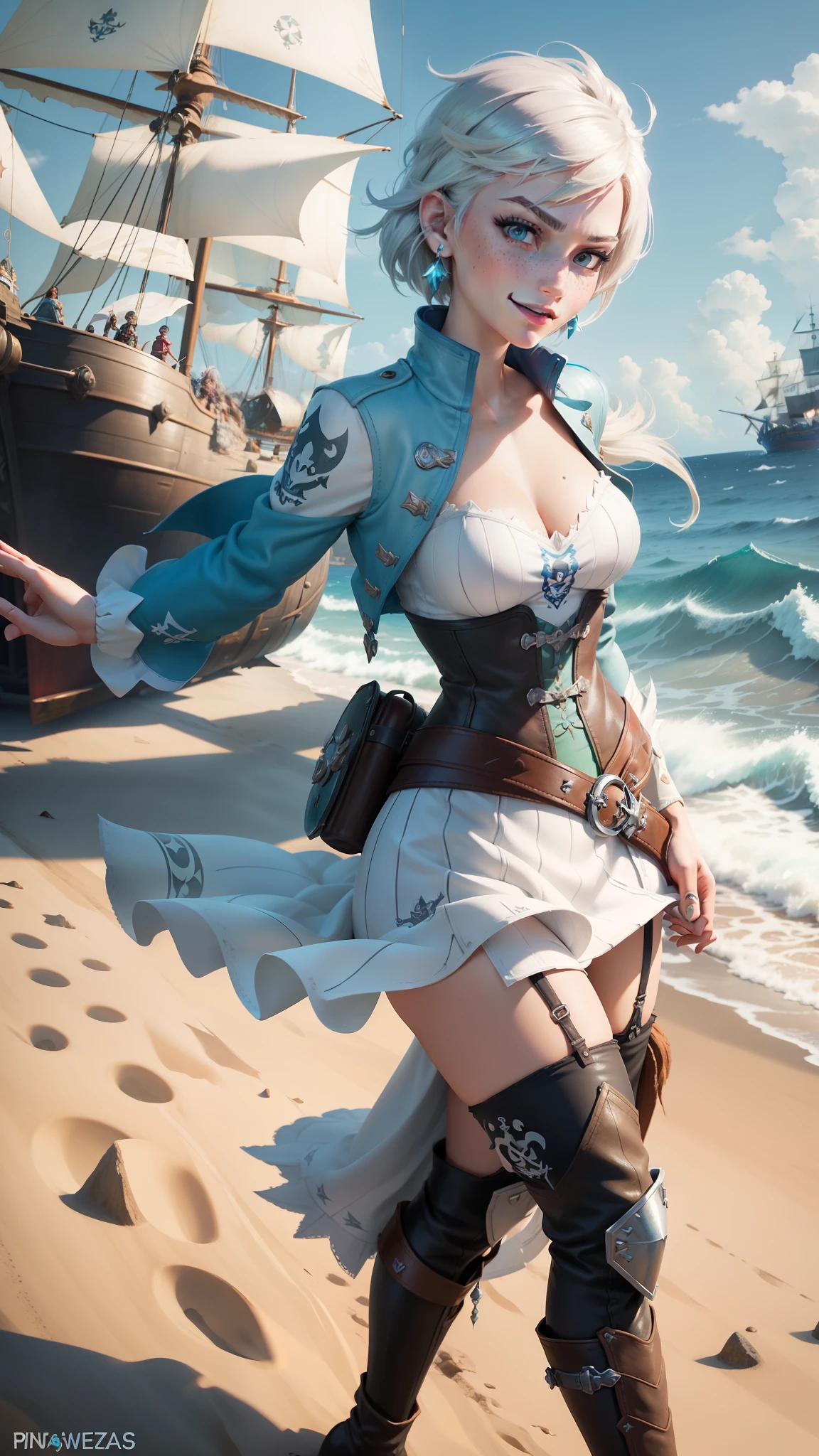 gwen tennyson,tracer,yorha 2b,nami, rebecca chambers,reisalin stout,pirate outfit,beach,teenager,green eyes,thigh high boots,garter belt,striped panties, short hair,orange hair,pirate ship,shy smile,ginger,white striped top,tight skirt, freckles,redhead,pirate corset,pirate jacket,beautiful girl,large breasts,ultra detailed,realistic,pearl earrings,cutlass,