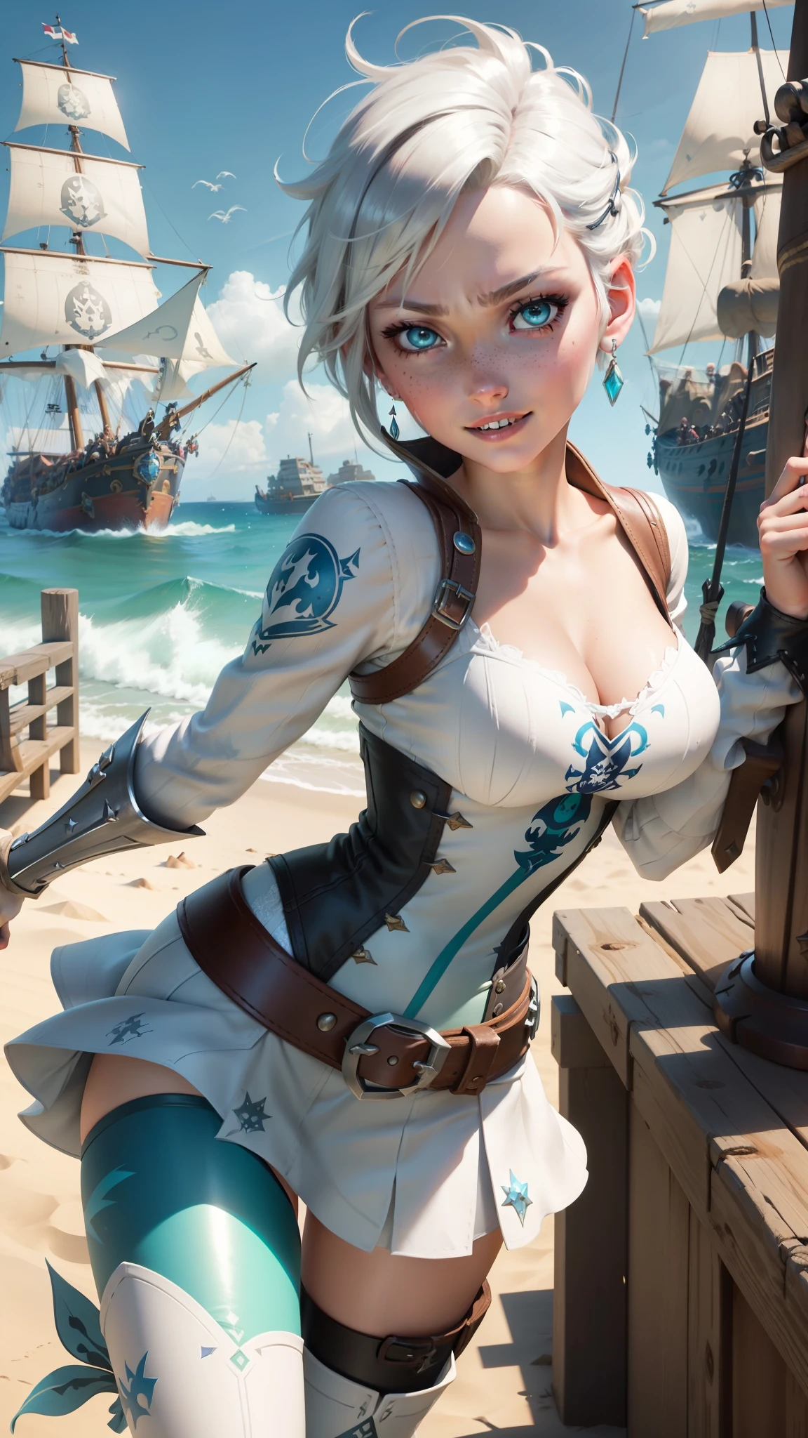 gwen tennyson and elsa fusion,overwatch,atelier ryza,pirate outfit,beach,,green eyes,thigh high boots, garter belt, short hair,multicolored silver hair,pirate ship,sexy smiwhite striped top,long tight skirt, freckles,pirate corset,pirate jacket,beautiful girl,large breasts,ultiled,realistic,pearl earrings,pirate sword,(weather:windy),combat stance,