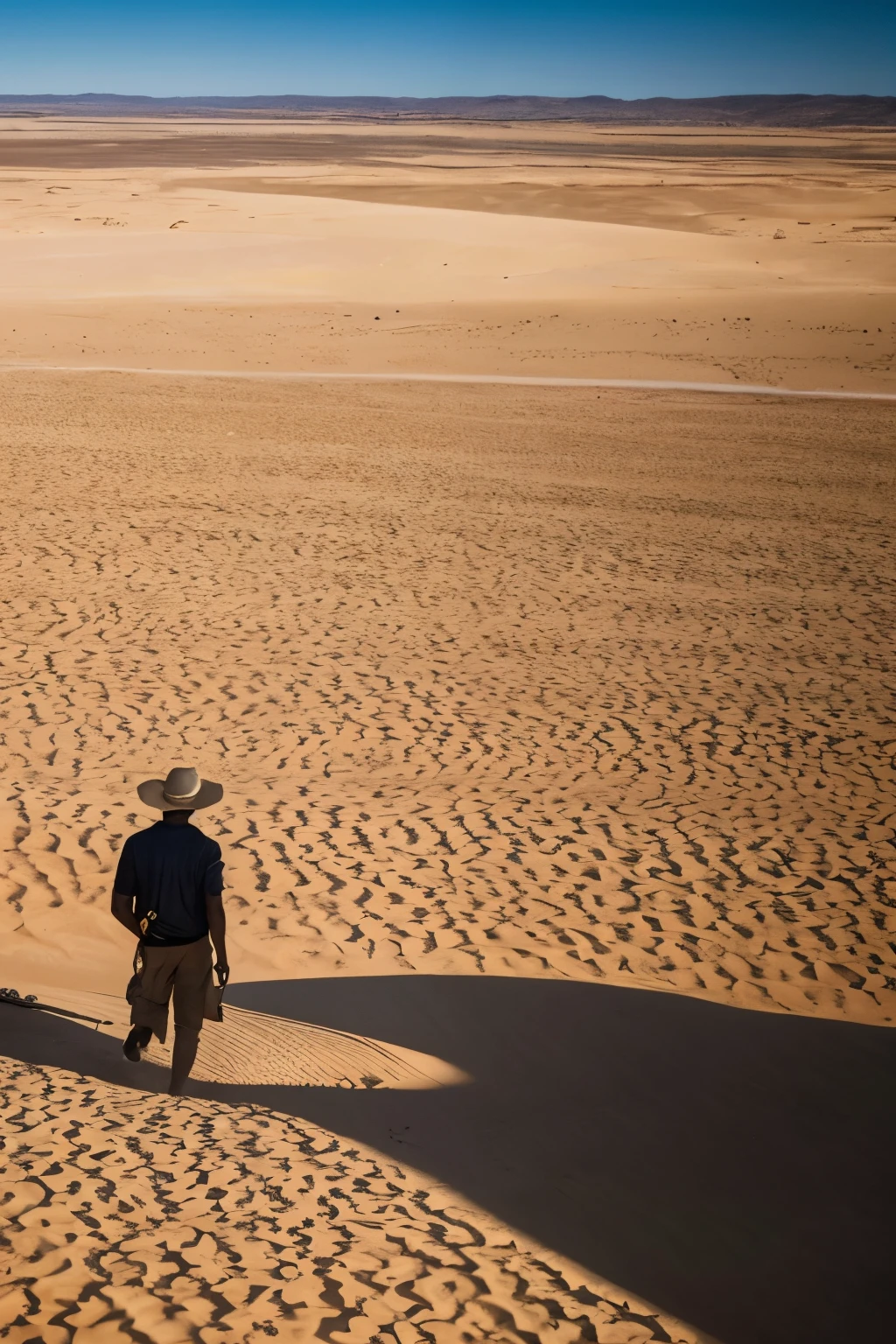 An archaeologist, with a weathered hat shading his sun-kissed face, gazes intently at an intriguing sight on the horizon. The vast desert stretches out before him, dotted with ancient ruins and relics of civilizations long past. But this discovery, this latest finding, promises to unravel mysteries yet untold.
His wind-swept clothes rustle softly in the gentle breeze, carried along with the warm, golden sand swirling in the air. In the distance, shadowy figures emerge, silhouetted against the backdrop of a seemingly endless sky, their shapes barely discernible and imbued with a sense of the unknown.