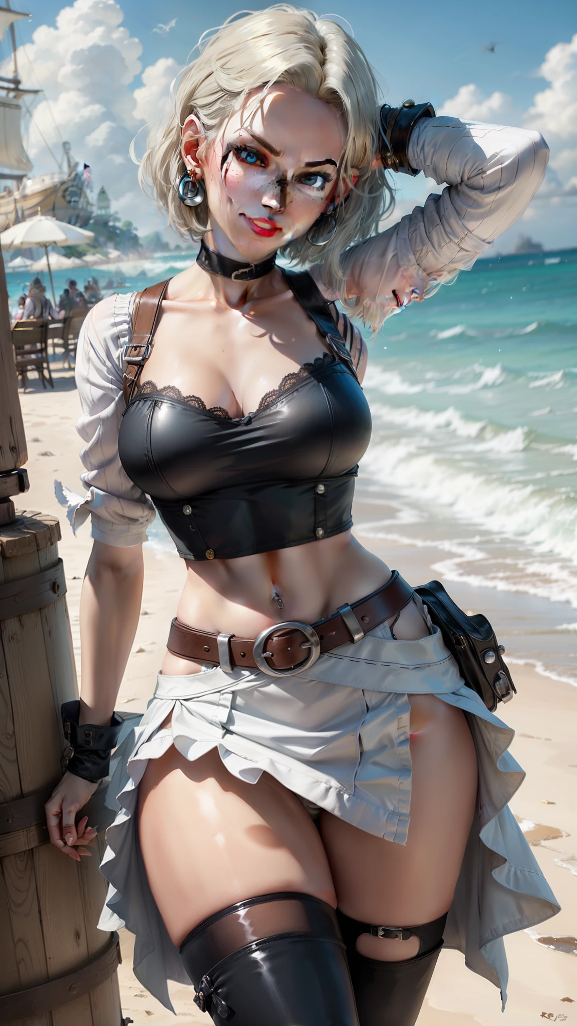 gwen tennyson and android 18 fusion,overwatch,atelier ryza,pirate outfit,beach,ager,green eyes,thigh high boots, garter belt, short hair,multicolored silver hair,pirate ship,sexy smile,white striped top,long tight skirt, freckles,pirate corset,pirate jacket,beautiful girl,large breasts,ultra detailed,realistic,pearl earrings,pirate sword,(weather:windy),combat stance,