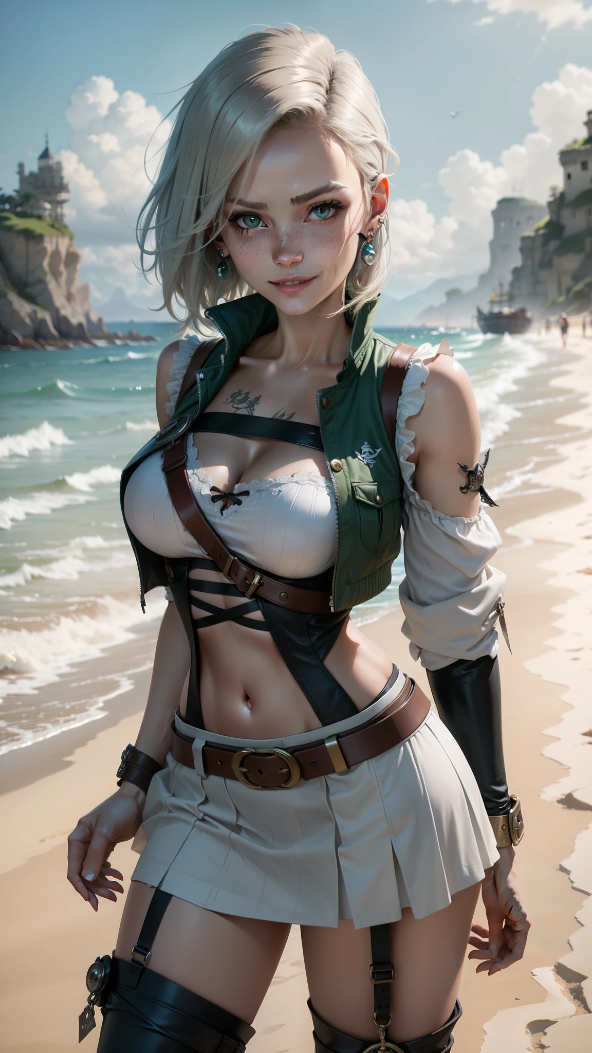 gwen tennyson and android 18 fusion,overwatch,atelier ryza,pirate outfit,beach,ager,green eyes,thigh high boots, garter belt, short hair,multicolored silver hair,pirate ship,sexy smile,white striped top,long tight skirt, freckles,pirate corset,pirate jacket,beautiful girl,large breasts,ultra detailed,realistic,pearl earrings,pirate sword,(weather:windy),combat stance,