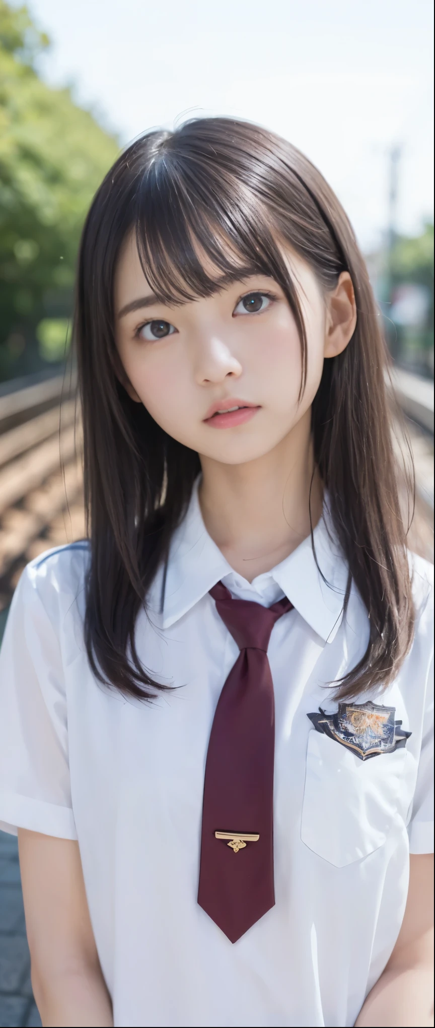 (masterpiece, highest quality:1.2), 8k, 12 years old, 85mm, official art, RAW photo, スーパースリムなスレンダーbeautiful girl, (full nude下Half body,short sleeveの白シャツ、show me your ears、naked girl photoshoot、full nude, cute face, close, Half body, Biolace, gardenia, beautiful girl, school uniform, Bind your neck with a rope, thighs, short sleeve, stand on the station platform, looking at the viewer, no makeup, (A little troubled look), face of embarrassment、nervous pose、film grain, chromatic aberration, sharp focus, face light, clear lighting, Ten generations, detailed face, background bokeh, (dark red tie:1.1)、((((((two girls))))))、((((((2人のfull nude女子高生)))))