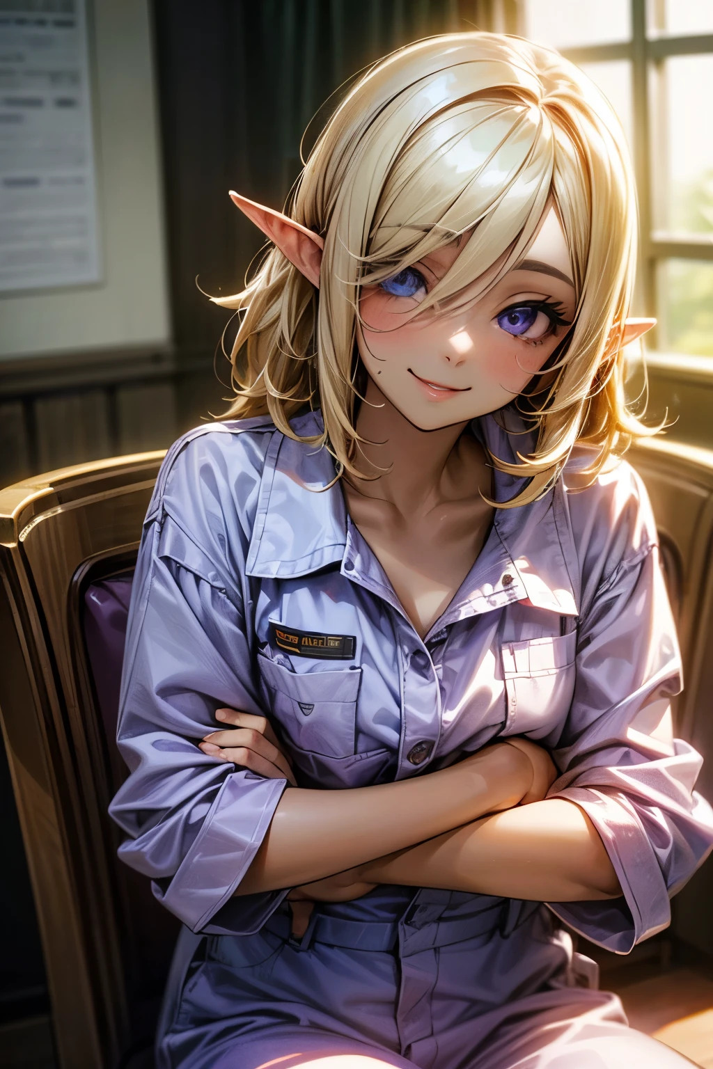 ((Masterpiece)), (Anime:1.3), ((best quality)), (RAW photo:1.2), (High Definition:1.3), (Professional Photography:1.2), (), (1girl), cute young girl, (Sitting Cute posing:1.4), BREAK, (Happy smile:1.3), (Beautiful purple daiamond eyes:1.5), (dark skin), elf girl, wearing Gray Workwear Coveralls, flat chest, slender waist, BREAK, (hair over eyes:1.2), Silky unruly hair, medium hair, ((blond hair)), wearing Gray Workwear Coveralls, (on the construction site),